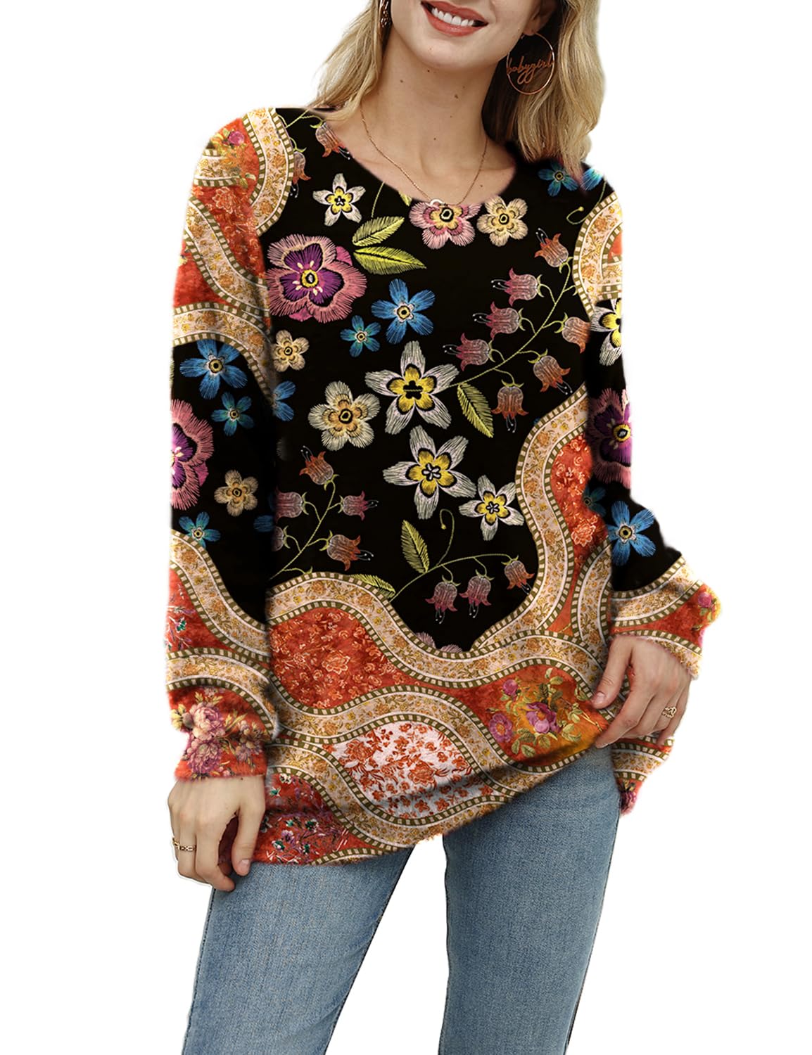 YESNO Women Christmas Sweater Graphic Printed Oversized Pullover Sweaters Casual Loose Knit Tops S01