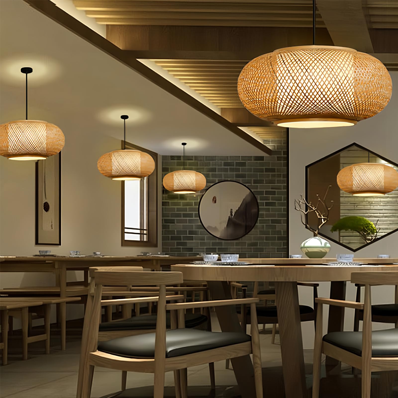 MIXL-Boho Pendant Light,1-Lights Pendant Light Fixtures with Hand-Woven Bamboo Lampshade, Height Adjustable Hanging Lamp, Farmhouse Lantern Hanging