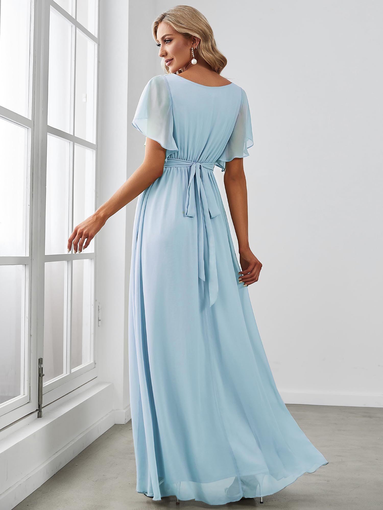 long hem dress Mac Duggal Women's Embellished Long Flare Sleeve Mesh A-Line Dress - Blue - Size 8