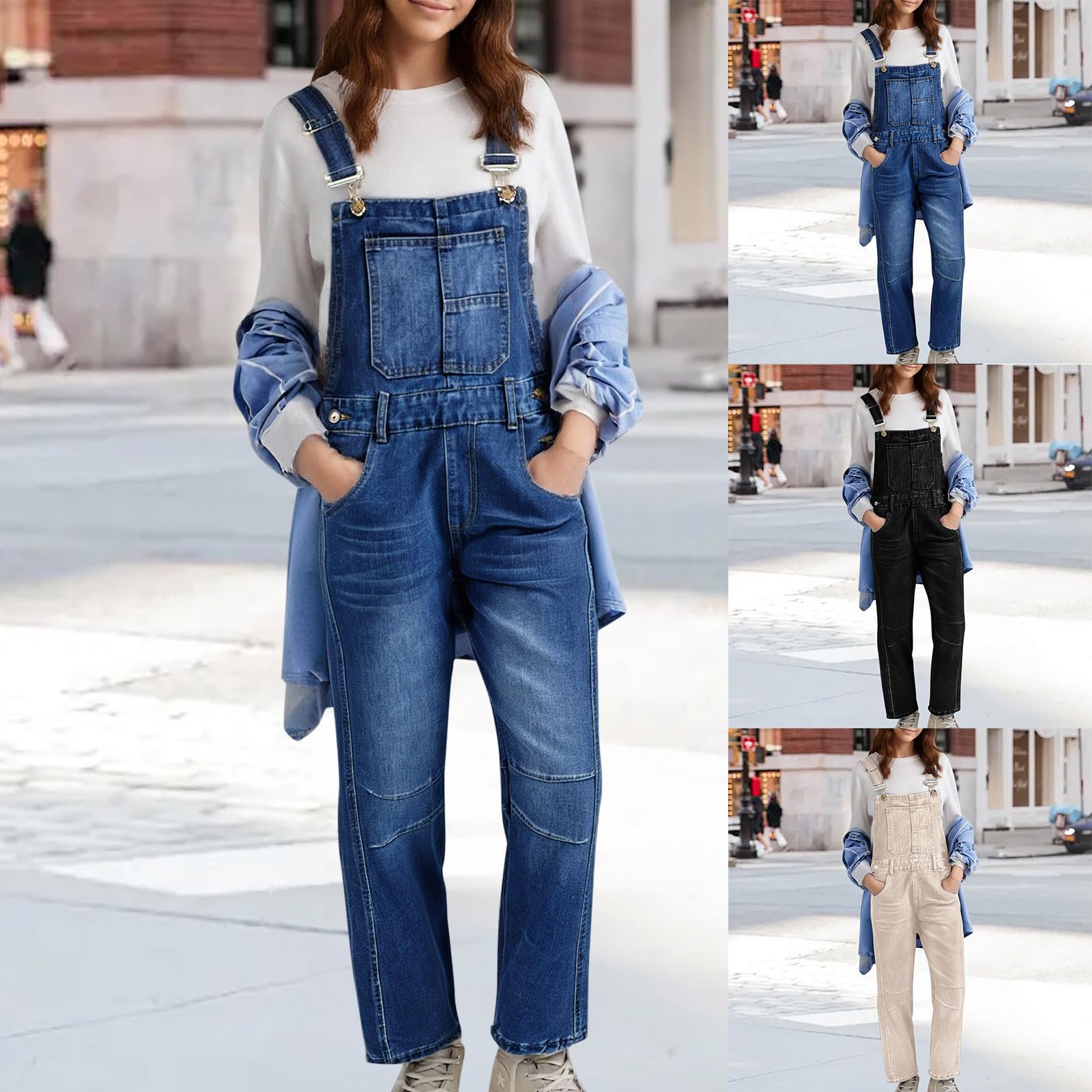 Salopette da donna in denim, casual, regolabili, con spalline a coste, jeans classici, lavati, in denim, con tasche