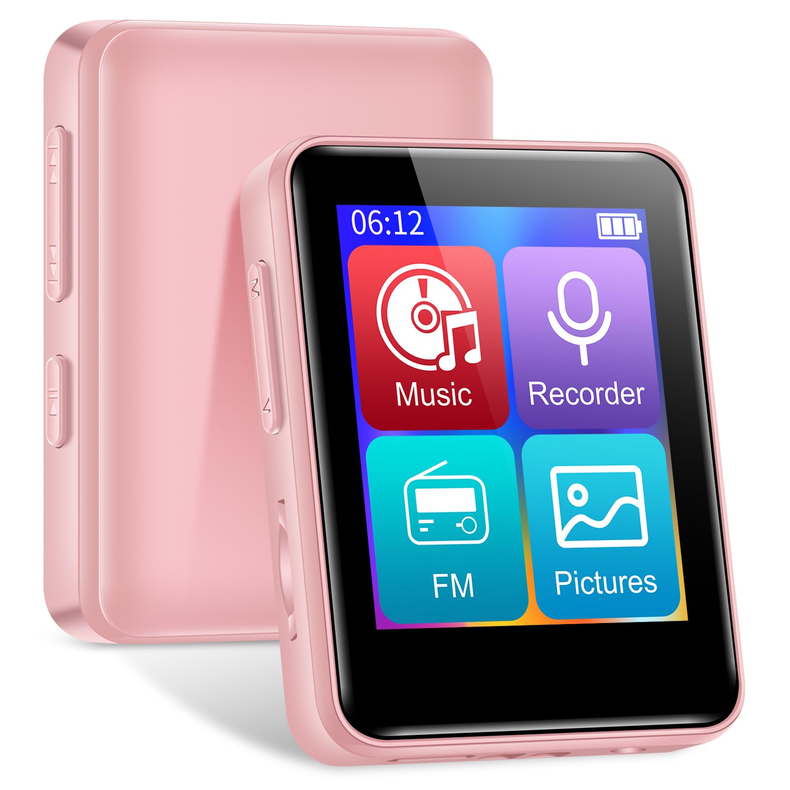 1.8 inch HiFi Portable Music Player, Equipped with Bluetooth 64GB Sport MP3 Player, FM Radio, Recording, E-Book, Supports 512GB TF Card, Pink