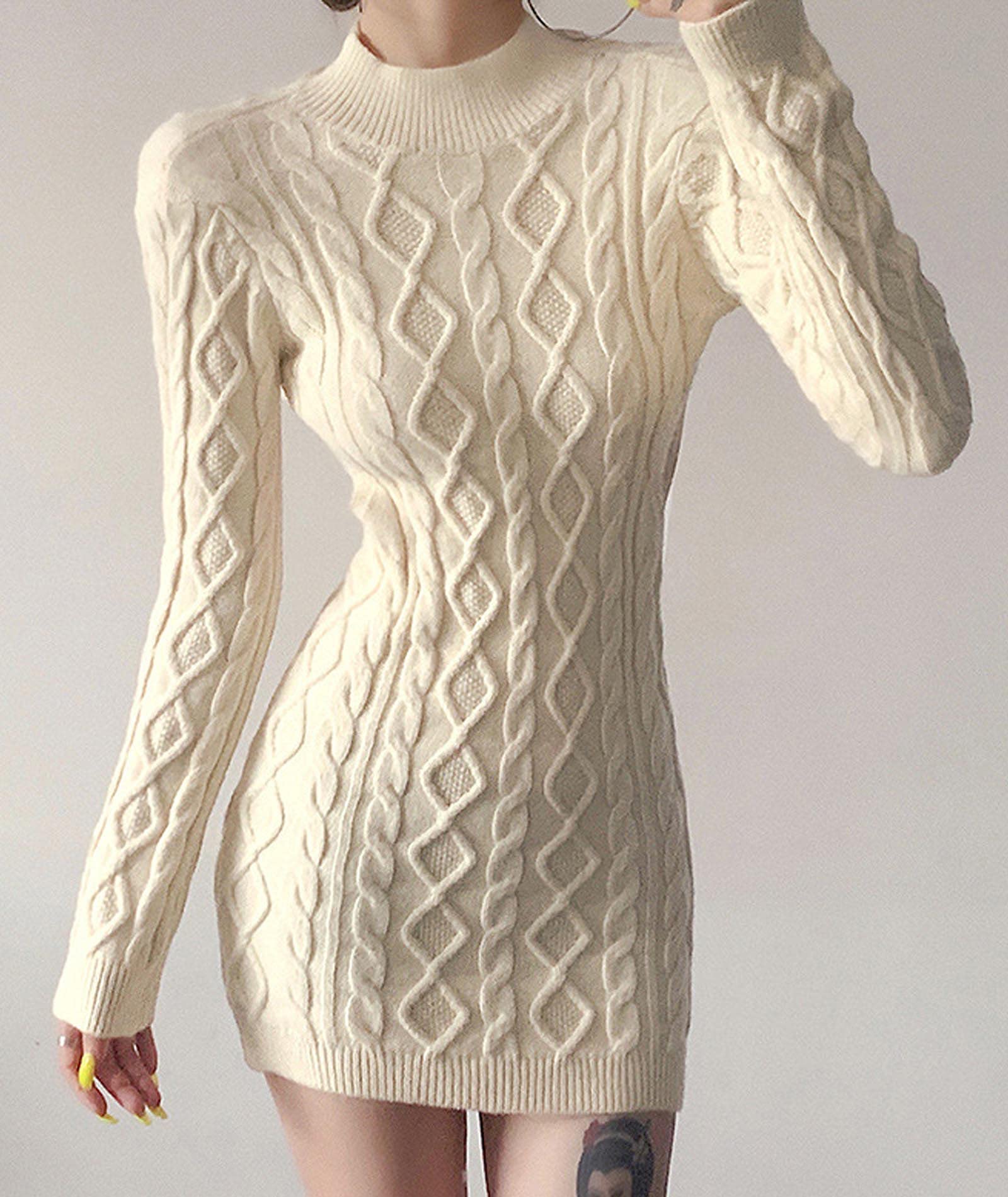 xxxiticat Robe Pull à col Haut pour Femme - Manches Longues - Dos Nu - Découpe Transparente - Tricot torsadé - Col roulé, abriot, M
