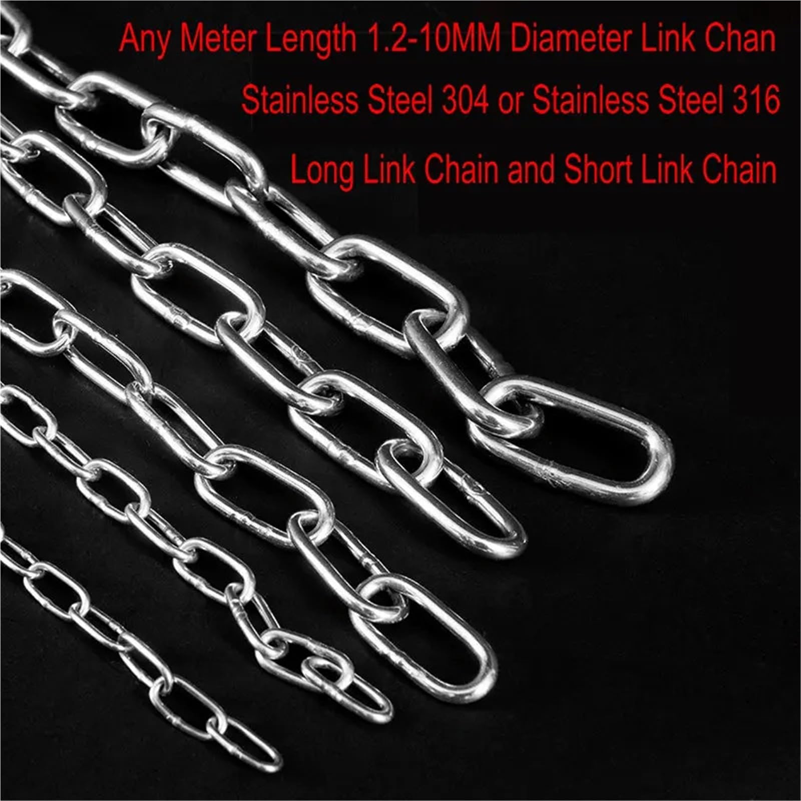 Catena di sollevamento Qualsiasi lunghezza del metro, diametro 1,2-10 mm, catena a maglie corte e lunghe saldate in acciaio inossidabile SS304/316, lucidata a specchio Paranchi(12MM Short Link,Stainle