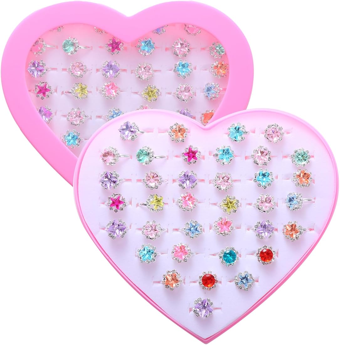 PASEMM 36pcs Little Girl Rhinestone Gem Rings,Adjustable,Random