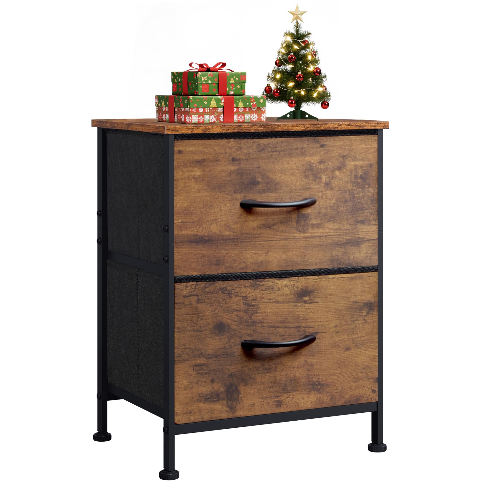 WLIVE Night Stand, Small 2 Drawer Dresser, Nightstand with Fabric Bins for Bedroom, Closet, Dorm, Rustic Brown Wood Grain Print, 11.8" D x 15.7" W x 20.9" H