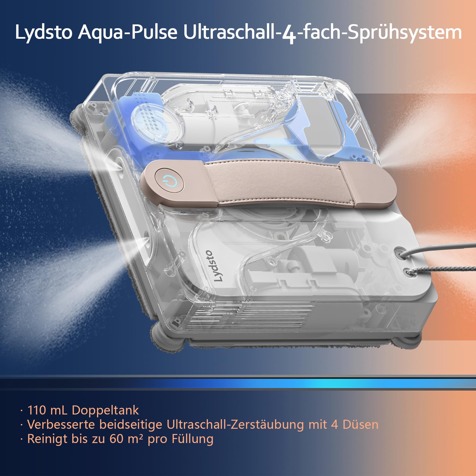 Lydsto WL07 Max Fensterputzroboter mit Sprühfunktion kompakt, Vier Ultraschall Wasserdüsen, Eckenreinigung, 8000Pa Elektrischer Fensterputzer 110ML Tank, 4 Reinigungsmodi (Weiß)
