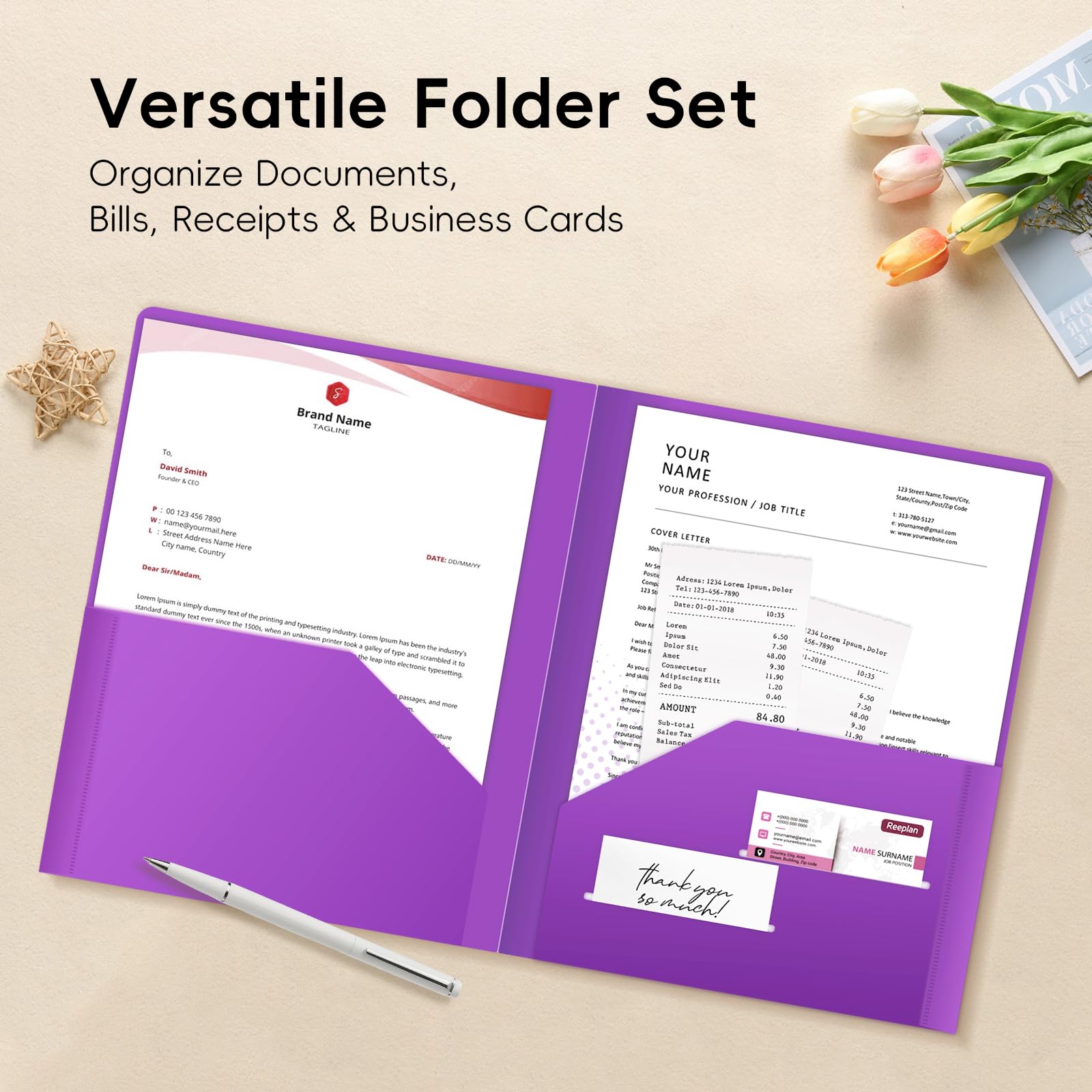 Lot de 40 chemises en plastique avec poches, format lettre, 10