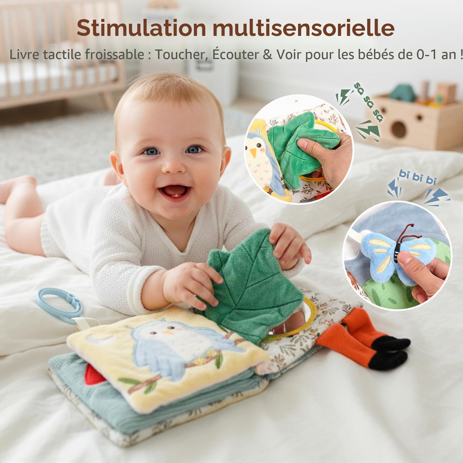 WOODEN TEETHER Livre de bébé en tissu avec miroir, jouet pour bébé de 0 à 6 mois - Livre sensoriel interactif - Livre d'or crépitant pour bébé - Cadeaux pour nouveau-né - Éléphants