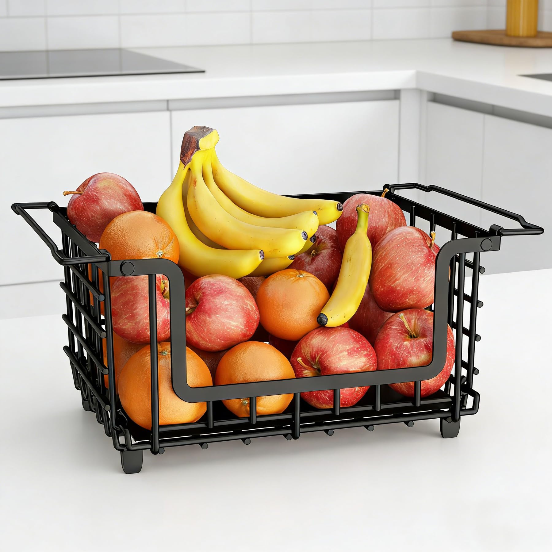 1 Pack Stackable Metal Wire Vegetable Fruit Basket for Kitchen Counter Cabinet, Pantry Organizers and Storage Basket, Food Can Snack Onion Potato Bread Storage Shelf Freezer Organizer Bins Black