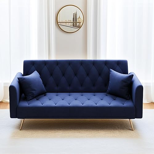 Anwick 72" Modern Velvet Sofa Bed Futon,Convertible Folding Sleeper Bed Couches with 3 Adjustable Backrests,Tufted Recliner Loveseat with Golden Chrome Legs for Small Living Room Office (Blue)