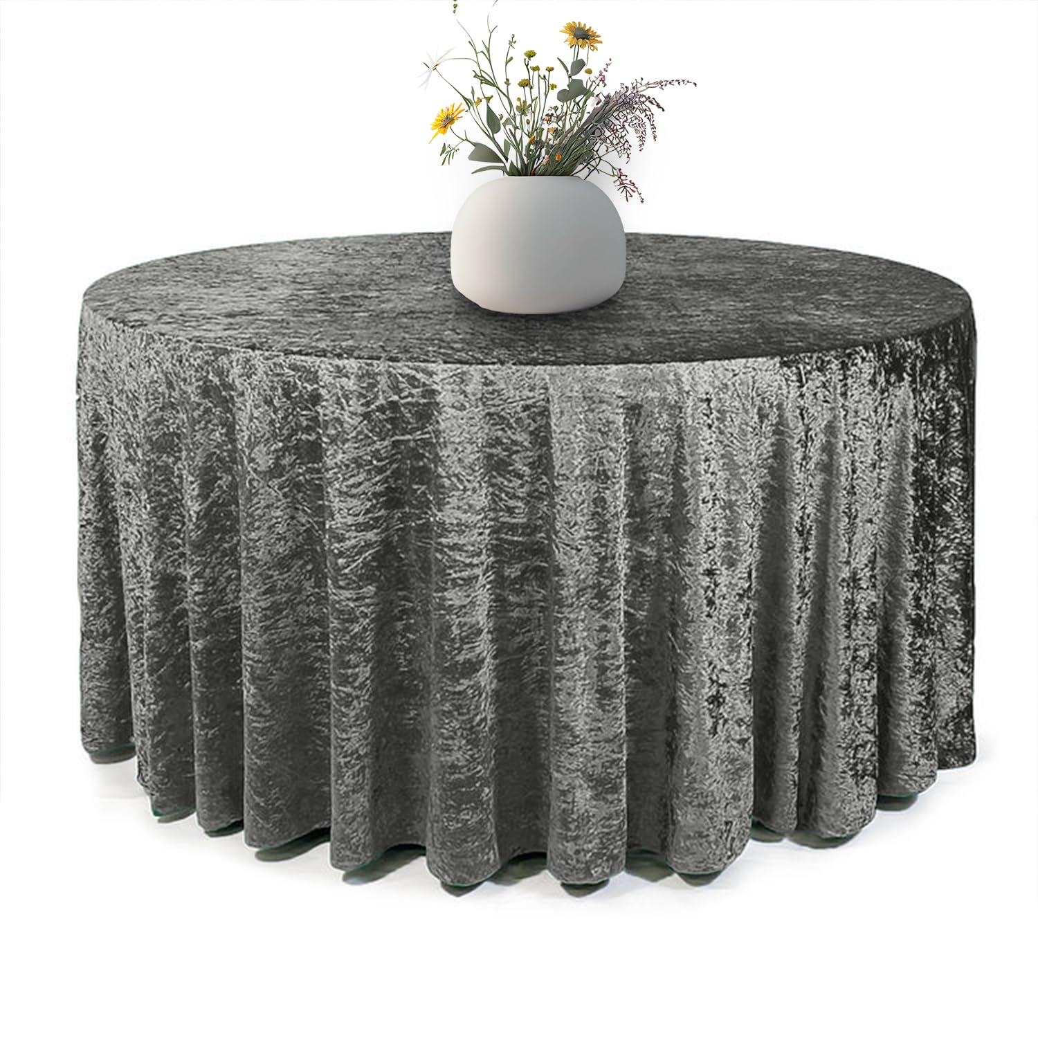 Elegant Event Essentials - Round Crushed Velvet Table Cover - Table Cloth For Wedding Events, Banquet, Kitchen, Birthday, Dinner Party - Soft Fabric - Wrinkle-Resistant - Grey- 90 Inch (225 cm)