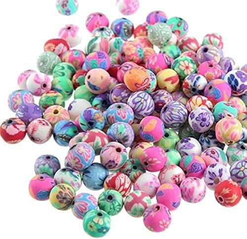 100 cuentas redondas de arcilla polimérica de 0.315 pulgadas, surtidas, hechas a mano, con patrón colorido, cuentas sueltas hechas a mano para hacer