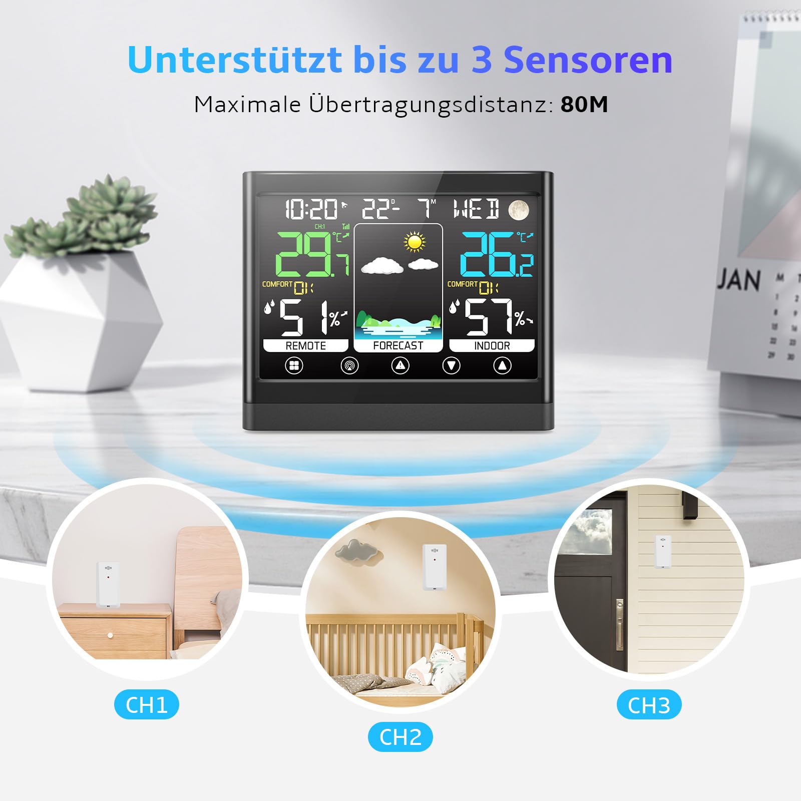 jely Wetterstation Funk mit Außensensor, Thermometer Hygrometer Innen/Außen, VA Farbdisplay Wetterstationen Innen und Außentemperatur Funk mit Wettervorhersage,Luftfeuchtigkeit,Mondphase,Uhrzeit&Datum