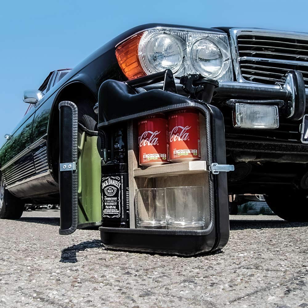 mikamax - Jerrycan Bar - Set Da Regalo – Canister – Mobile Bar – Bar Cabinet - 10L - Nero - con Due Bicchieri Di Whisky