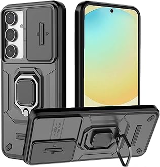 Lumobrilla for Samsung S24 FE Case,Samsung Galaxy S24 FE Case with [Sliding Camera Cover][360° Rotate Ring Kickstand] Heavy Duty Protective Shockproof Phone Case for Samsung S24 FE Cover,Black