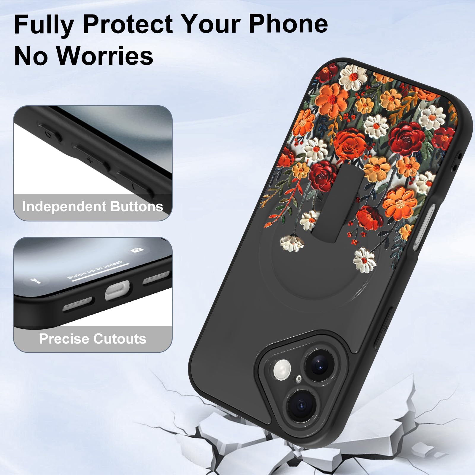 Custodia magnetica per iPhone 16 con cavalletto per cinturino, compatibile con MagSafe, grazioso motivo floreale per donne e ragazze, protezione completa della fotocamera, estetica antiurto