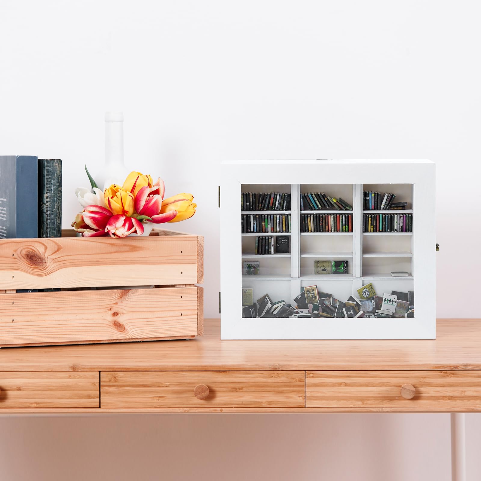 Bibliothèque pour l'anxiété, Meuble miniature créative pour maisons de poupées en bois, cadeau anti-stress pour les amoureux des livres, ornement décoratif (Blanc)