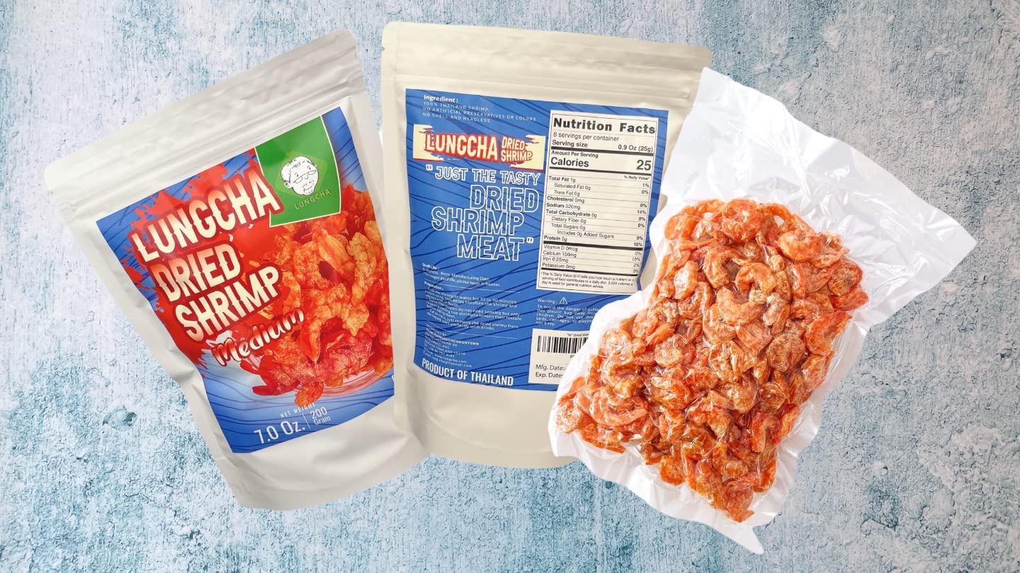 Dried Shrimps of “M” size for Thai Recipes and Asian Cuisine, Seafood Flavor with No Shell and Headless As a Snack with a unique umami taste 7Oz (200 grams).