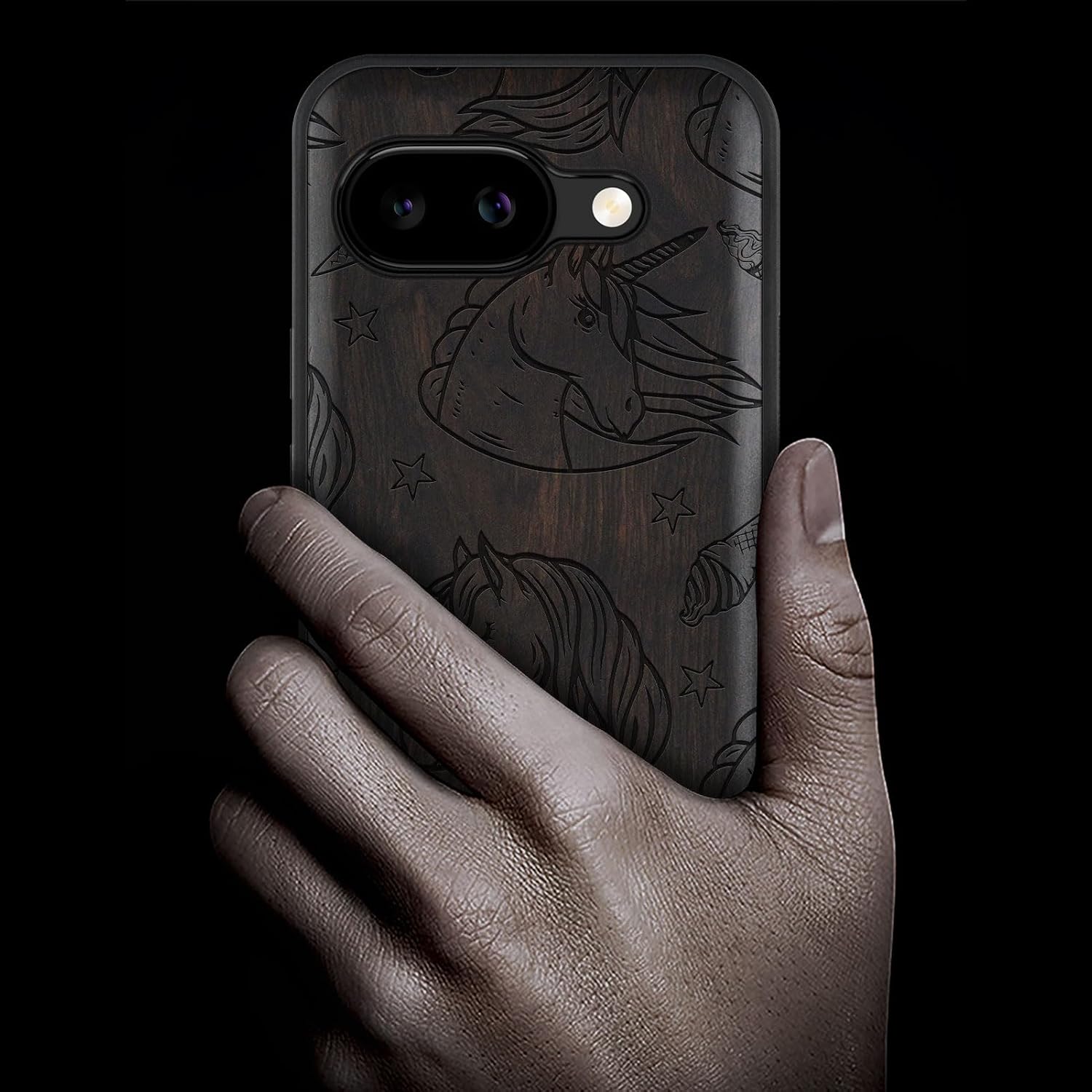Carveit Magnetic Wooden Case for Google Pixel 9a Case, Wood Artisan Engraved & Soft TPU Shockproof Cover, Compatible with MagSafe Wireless Chargers (Unicorn Dream) Blackwood