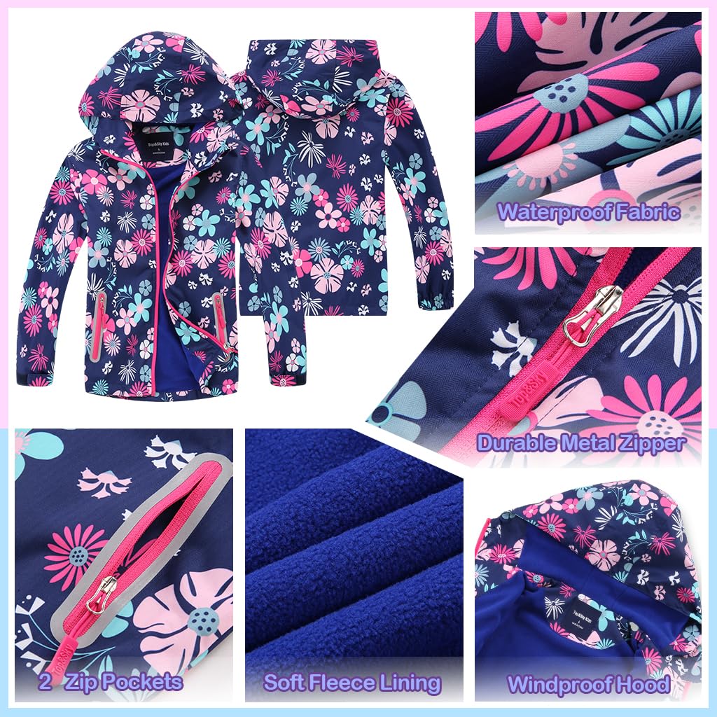 Veste Imperméable Fille Veste Coupe-Vent Enfant Légère Veste de Randonnée Chaude Blouson avec Capuche Polaire Manteau de Pluie 3-12 Ans