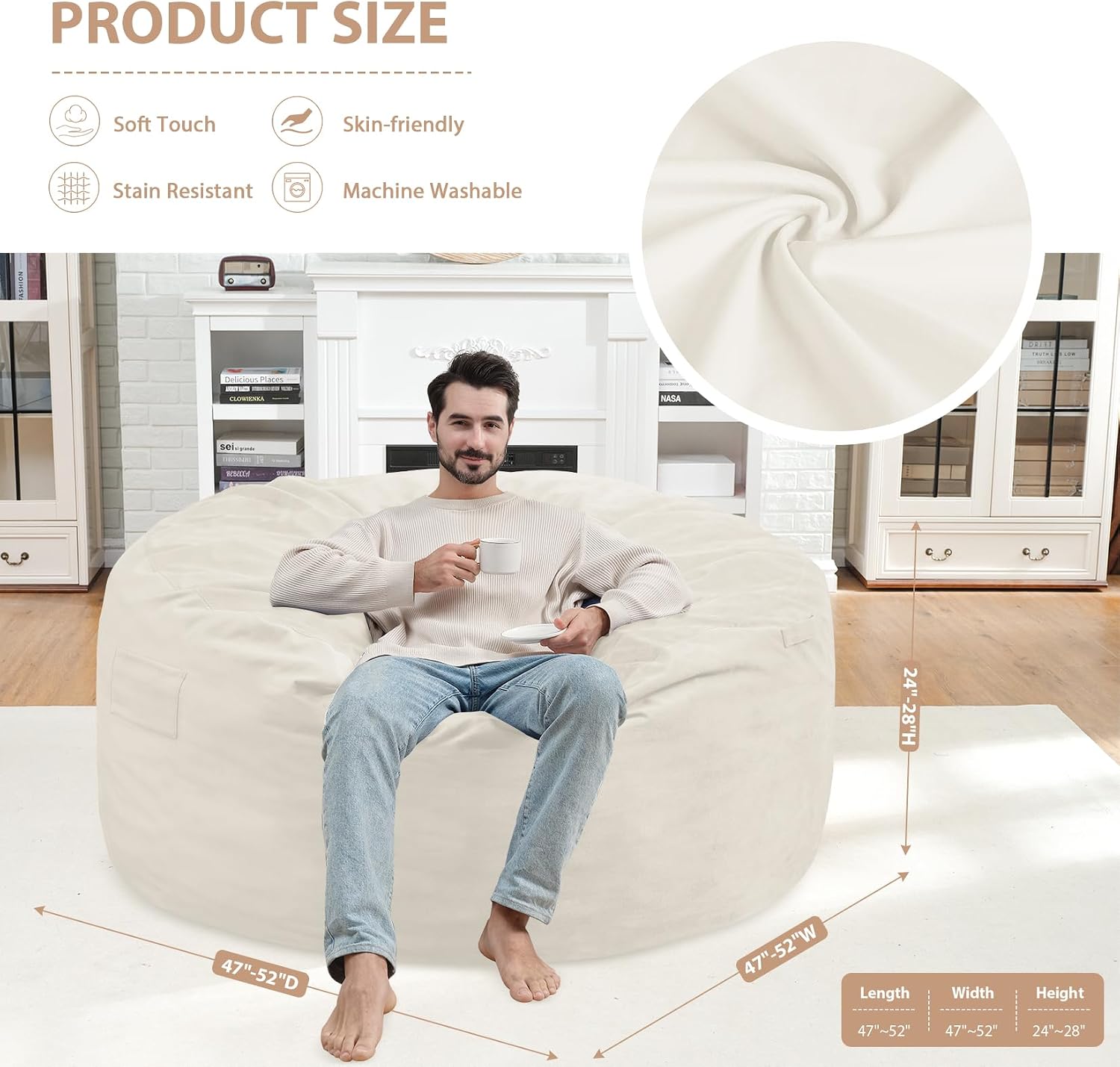 5FT Bean Bag Chair, Large Bean Bag Chairs with Memory Foam Filled, Fluffy Beanbag Sofa with Dutch Velvet Cover, Round BeanBag Chairs for Living Room, Playroom - Beige