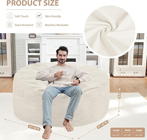 Miniatura 349 de Puf de 5 pies, puf grande con relleno de espuma viscoelástica, sofá puff esponjoso con funda de terciopelo holandés, puf redondo para sala de estar,
