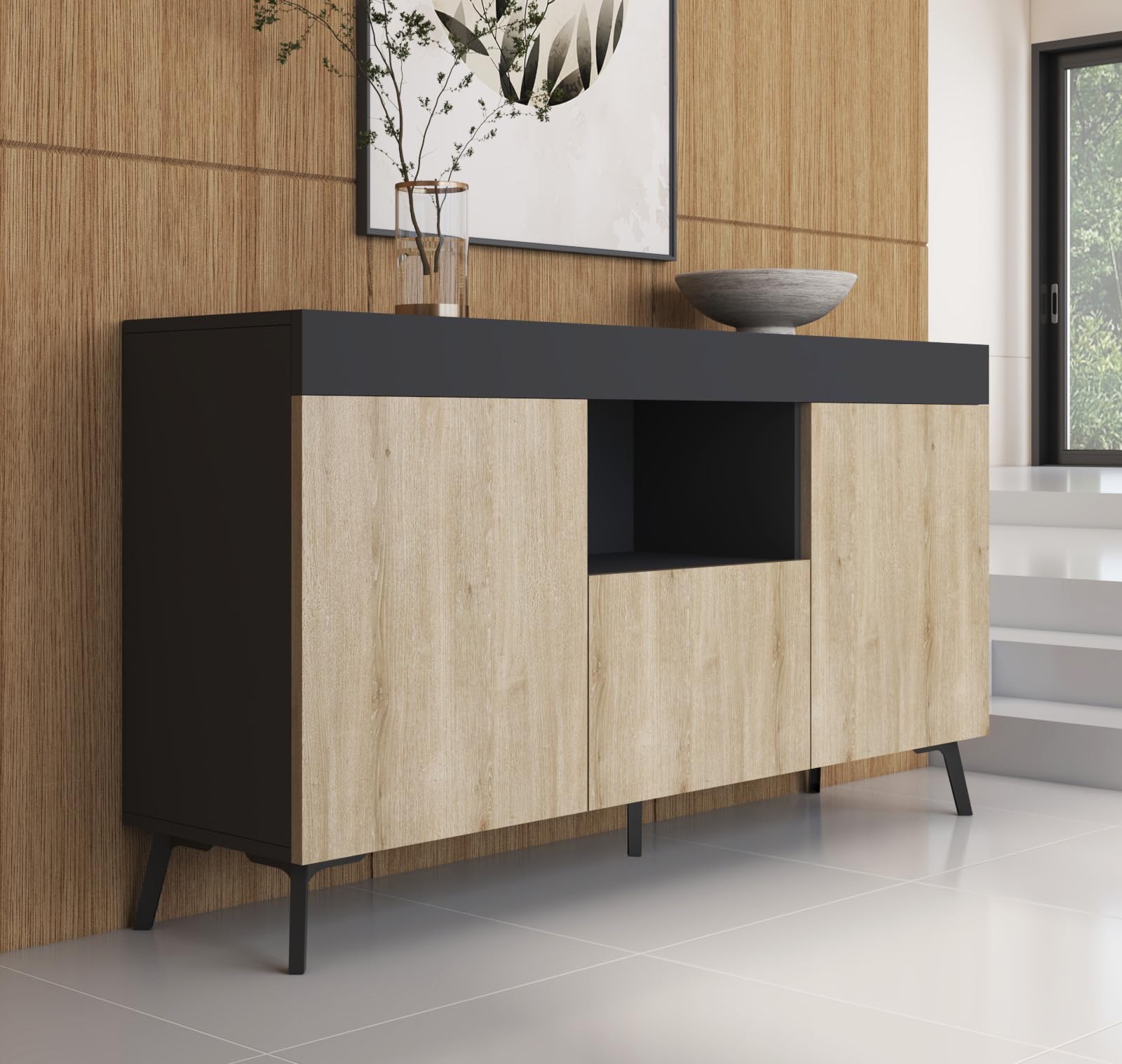 MB Muebles Bonitos | Aparador bajo Kai con 3 Puertas para Salón Comedor Moderno | Mueble de Melamina Mate | Color Negro y Sonoma | 130x70x32,5 cm