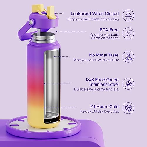 Miniatura 437 de ENCOOL Botella de agua aislada con popote, de acero inoxidable, a prueba de fugas, sin BPA, al vacío de doble pared que se mantiene fría durante 24