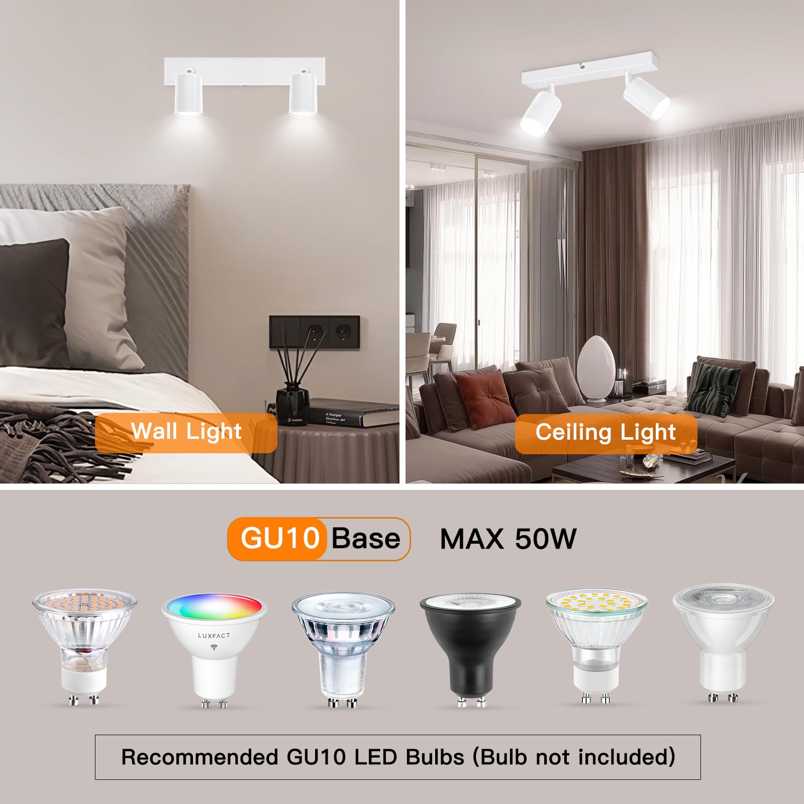 Ketom 2 Pezzi Faretti da Soffitto Orientabili Bianco, GU10 Lampada Faretti Led Soffitto Moderna, Plafoniera LED con 2 Faretti per Cucina, Cameretta, Senza Lampadina