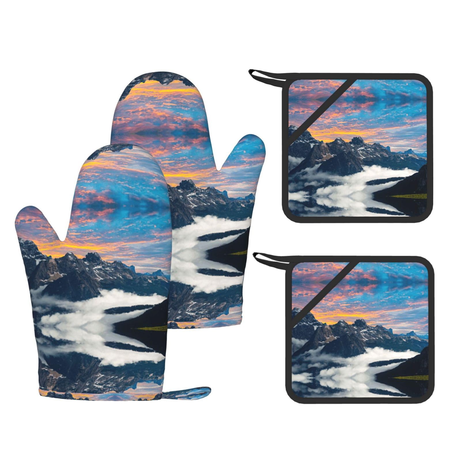 Alpine Scenery Vivid Sky Above Trendy Printed Kitchen Set with Heat Resistant Gloves & Non-Slip Hot Pads for Baking & Grilling
