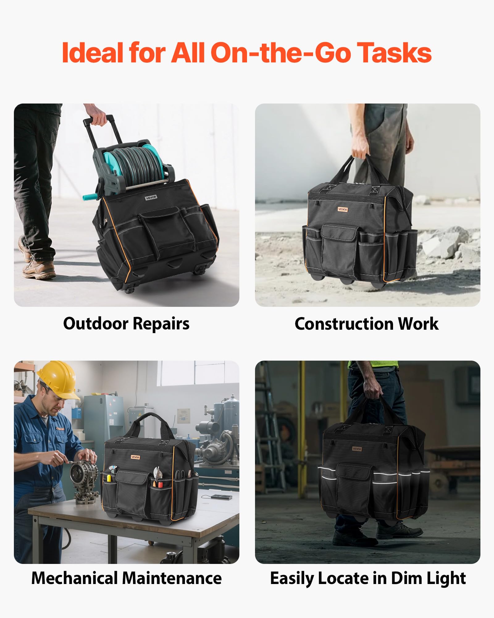 VEVOR Zaino Portautensili con Ruote, Capacità 50 kg, Borsa Portautensili con Ruote da 25 Tasche, Maniglia Telescopica Regolabile e Base Stabile, Organizzatore per Borse per Edilizia, Meccanico