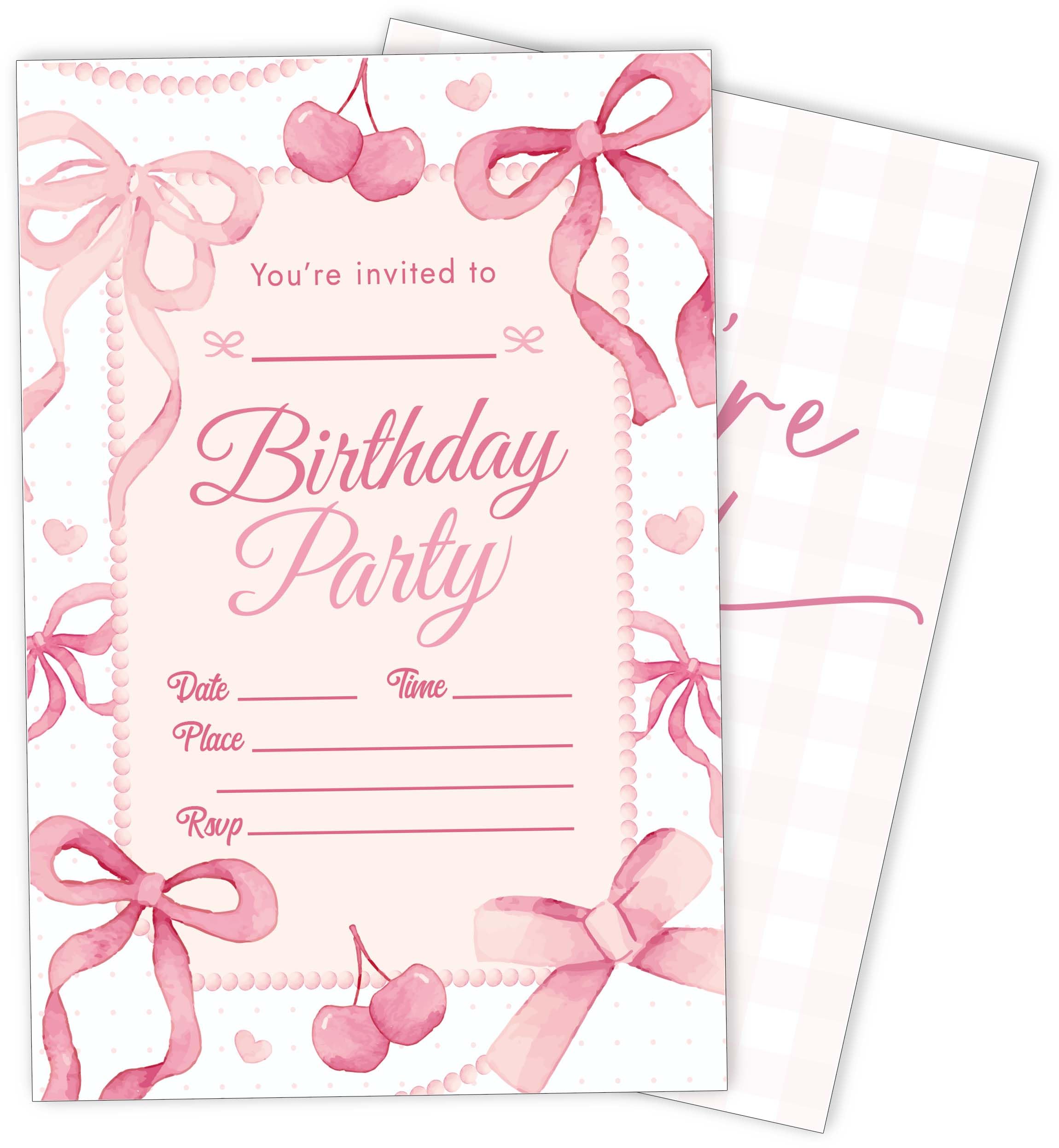 Eronm Pink Bow Birthday Party Invitations- 20 Pack Girls Birthday Invite with Envelopes- Cute Birthday Party Invitation Cards for Kids- Party