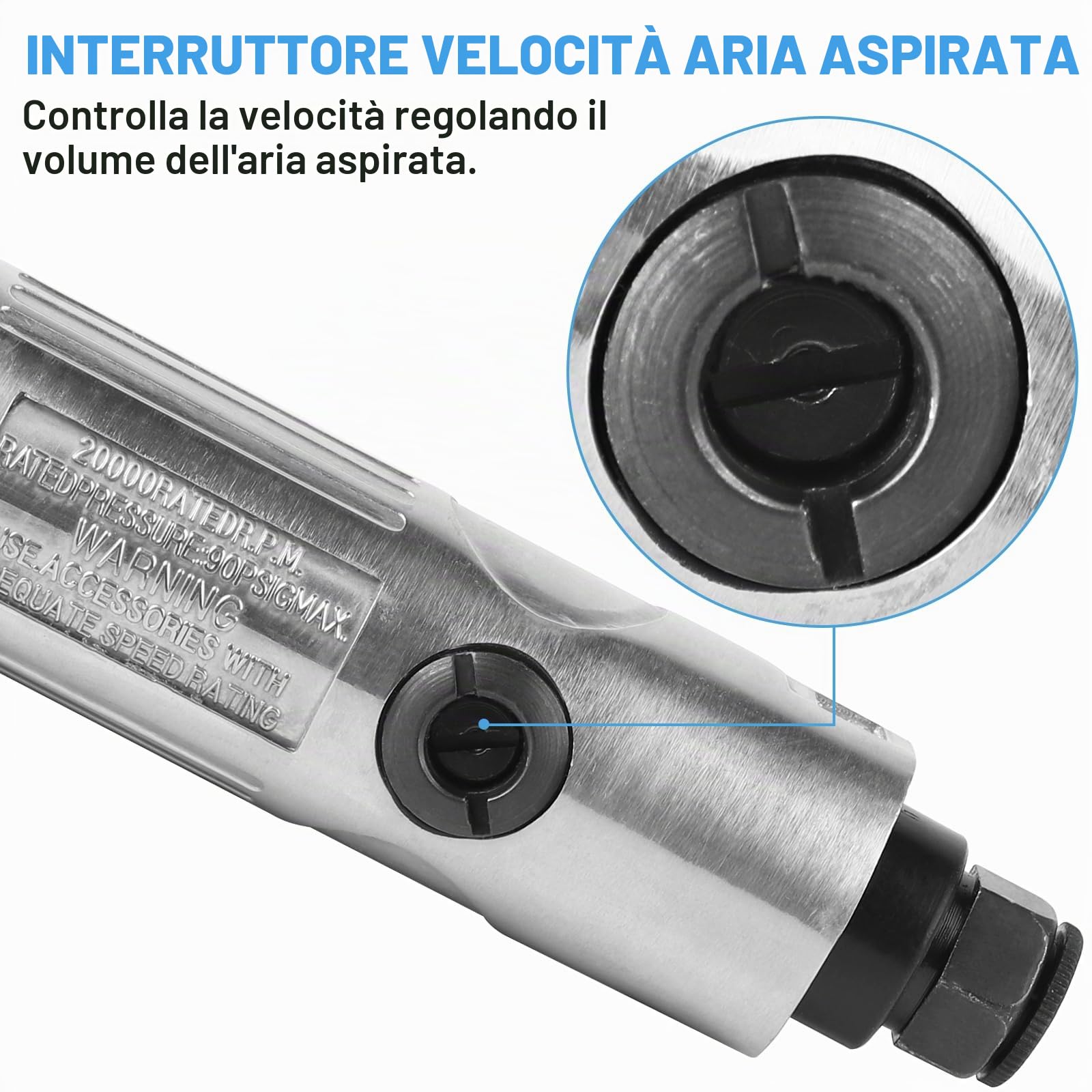 LALAGO Set di smerigliatrici ad aria compressa a 90°, smerigliatrice orbitale, smerigliatrice angolare, levigatrice ad aria compressa con disco di sabbia corindone da 50 mm, valvola ad aria 80 rete