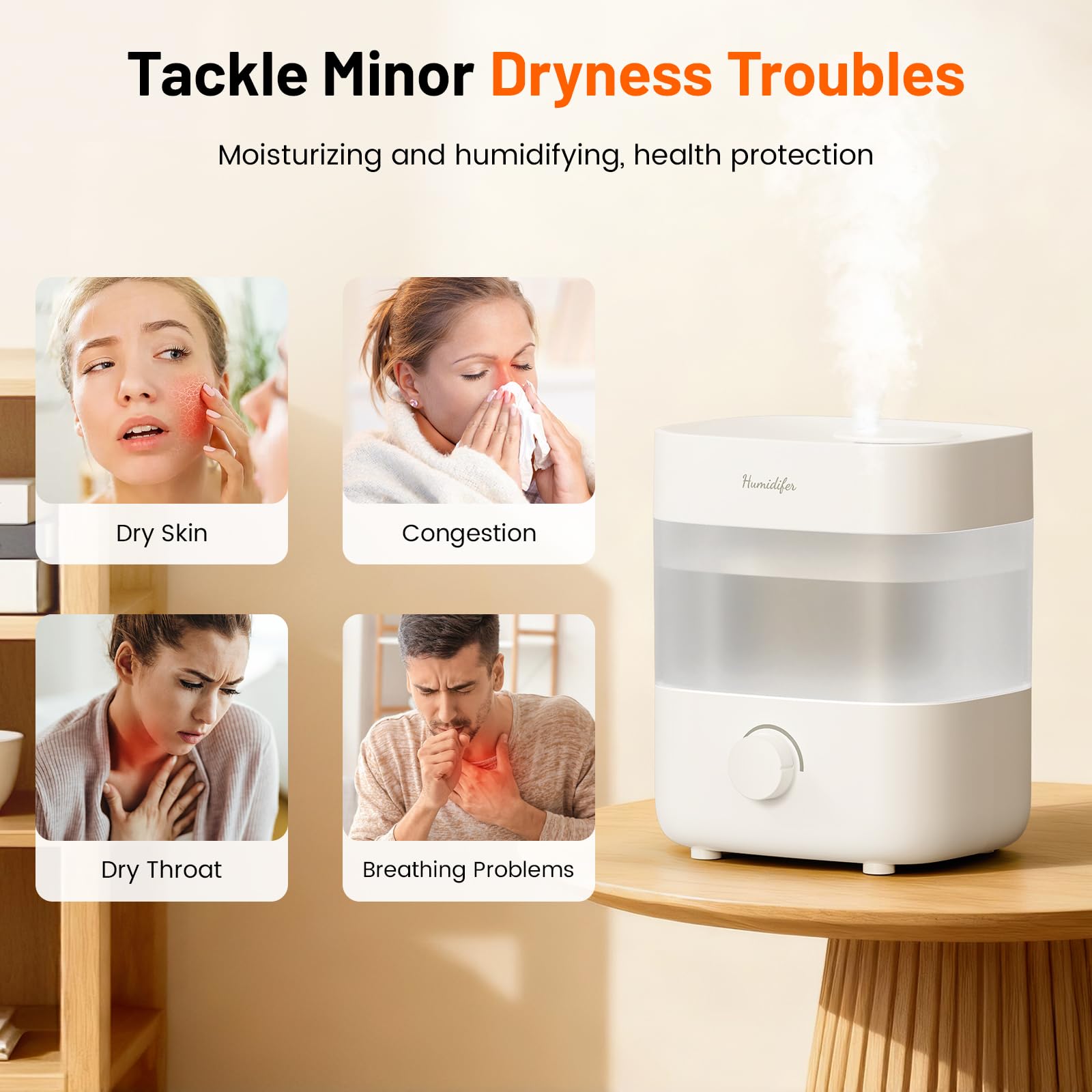 Humidificadores para dormitorio, tanque de 2 litros para 15 horas, tiempo de niebla silenciosa de 20 dB, boquillas dobles, apagado automático, rotación para ajustar la intensidad de la niebla