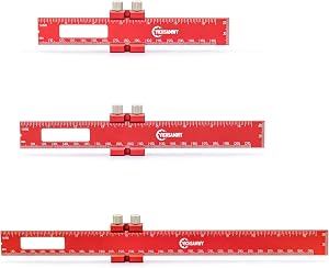Precision Woodworking Ruler Set - 12, 8, 6 Inch Metal Slide Stop Marking Rulers, Metric and Inch Scale, Square Adjustable Sliding Tool for Woodpeckers (Red, 3 Pcs)