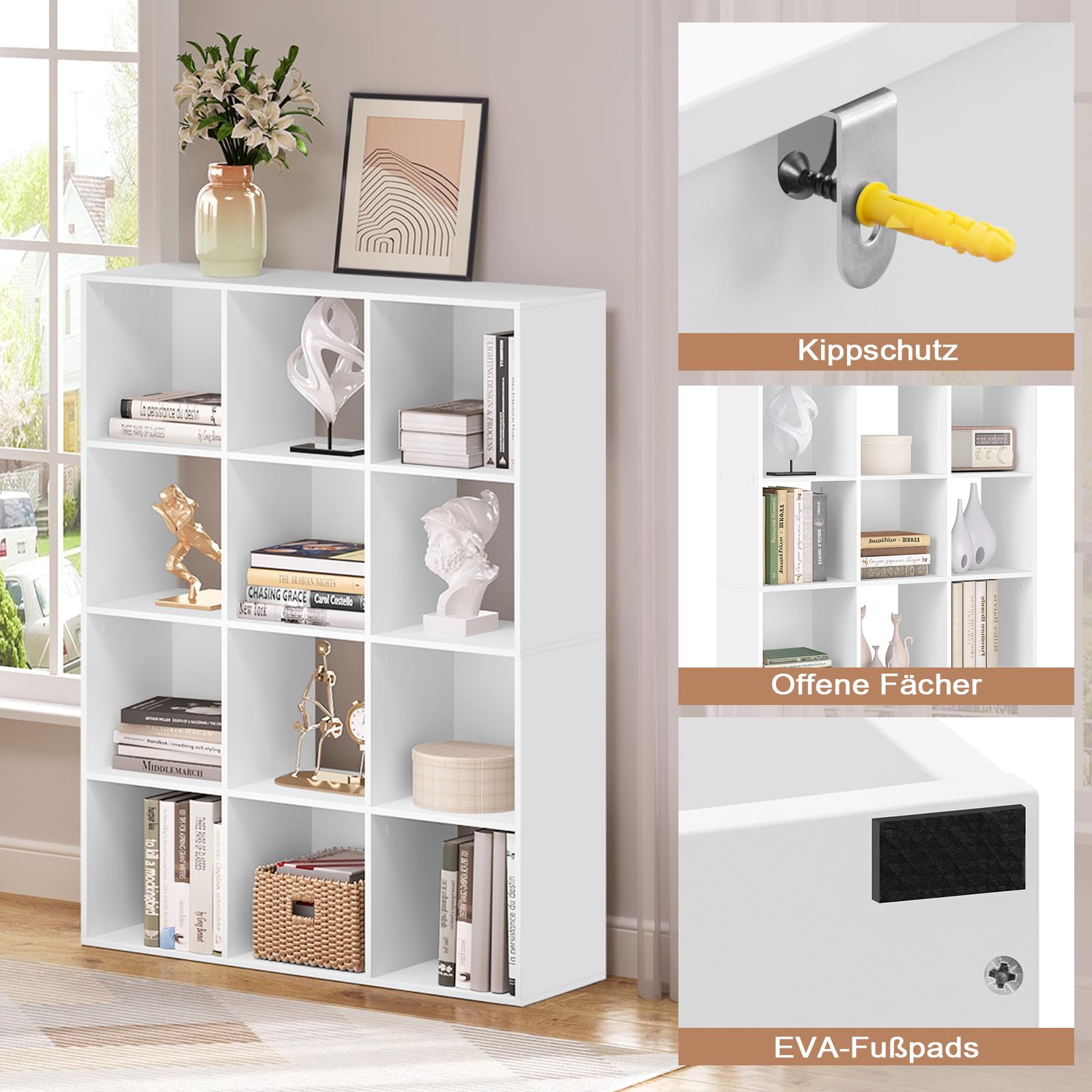 eSituro Bücherregal mit 12 Fächern, Würfelregal, 91x120x29 cm, weiß | Raumteiler Regal offen, Standregal modern, für Wohnzimmer, Kinderzimmer, Büro, Schlafzimmer