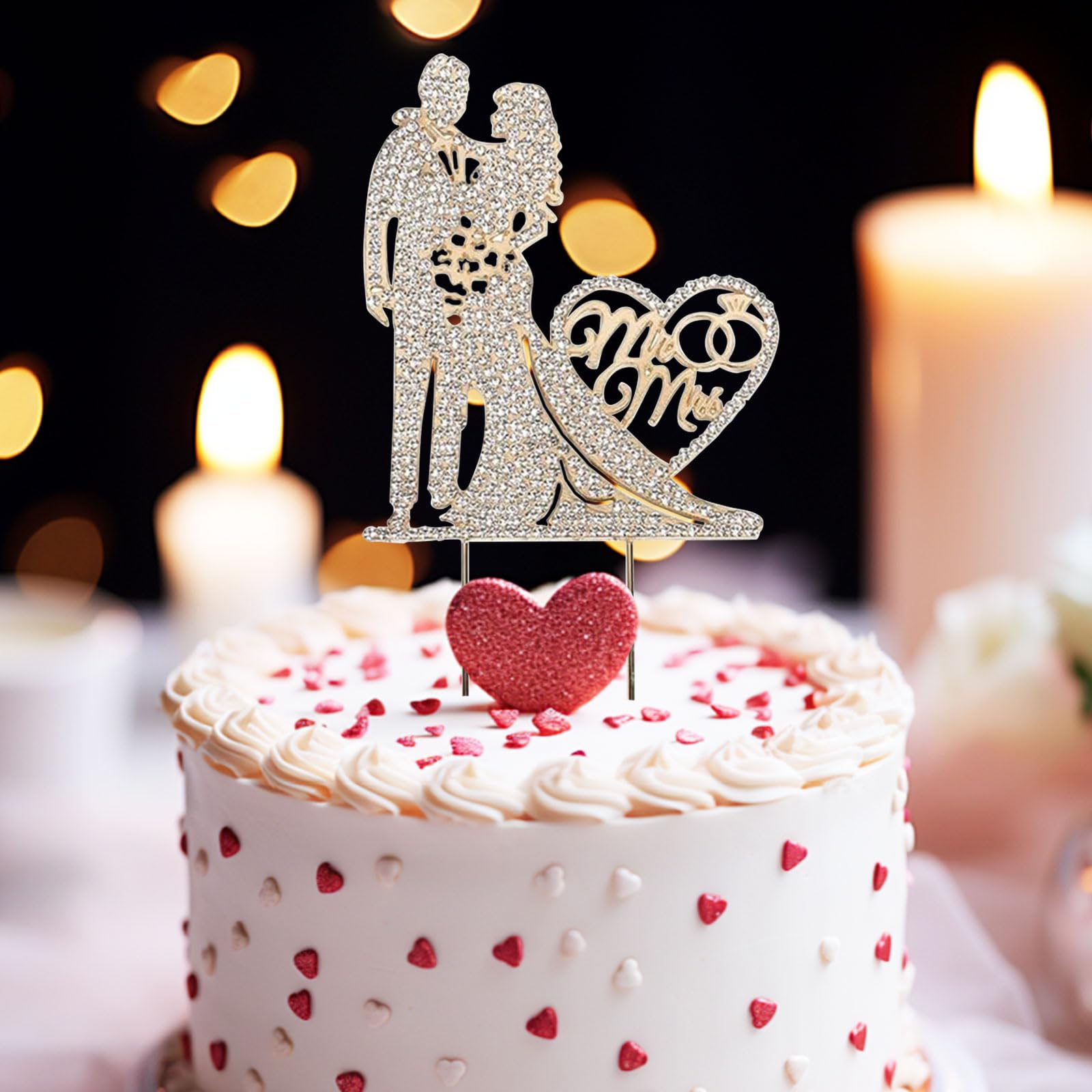 GVSS Gold Wedding Cake Figurine 23.5 x 10 cm, Metallic Wedding Topper and Groom, Wedding Cake Decoration with Rhinestones - Image 4