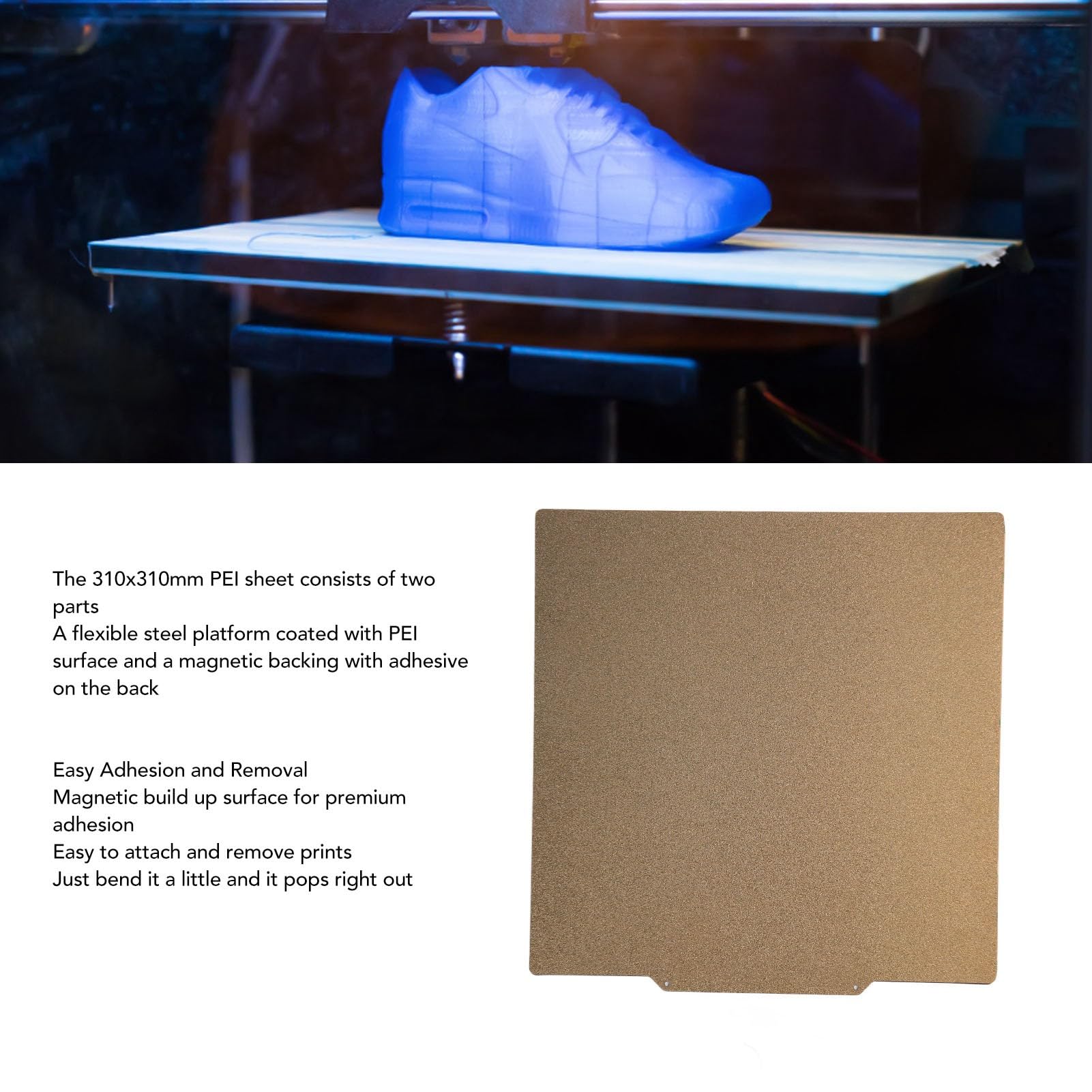 Feuille PEI 310 X 310 Mm, Plate-forme D'impression Double Face, Lit Chauffant Magnétique Amovible, lisse/texturé, Plaque de Construction en Acier à Ressort Double Face pour