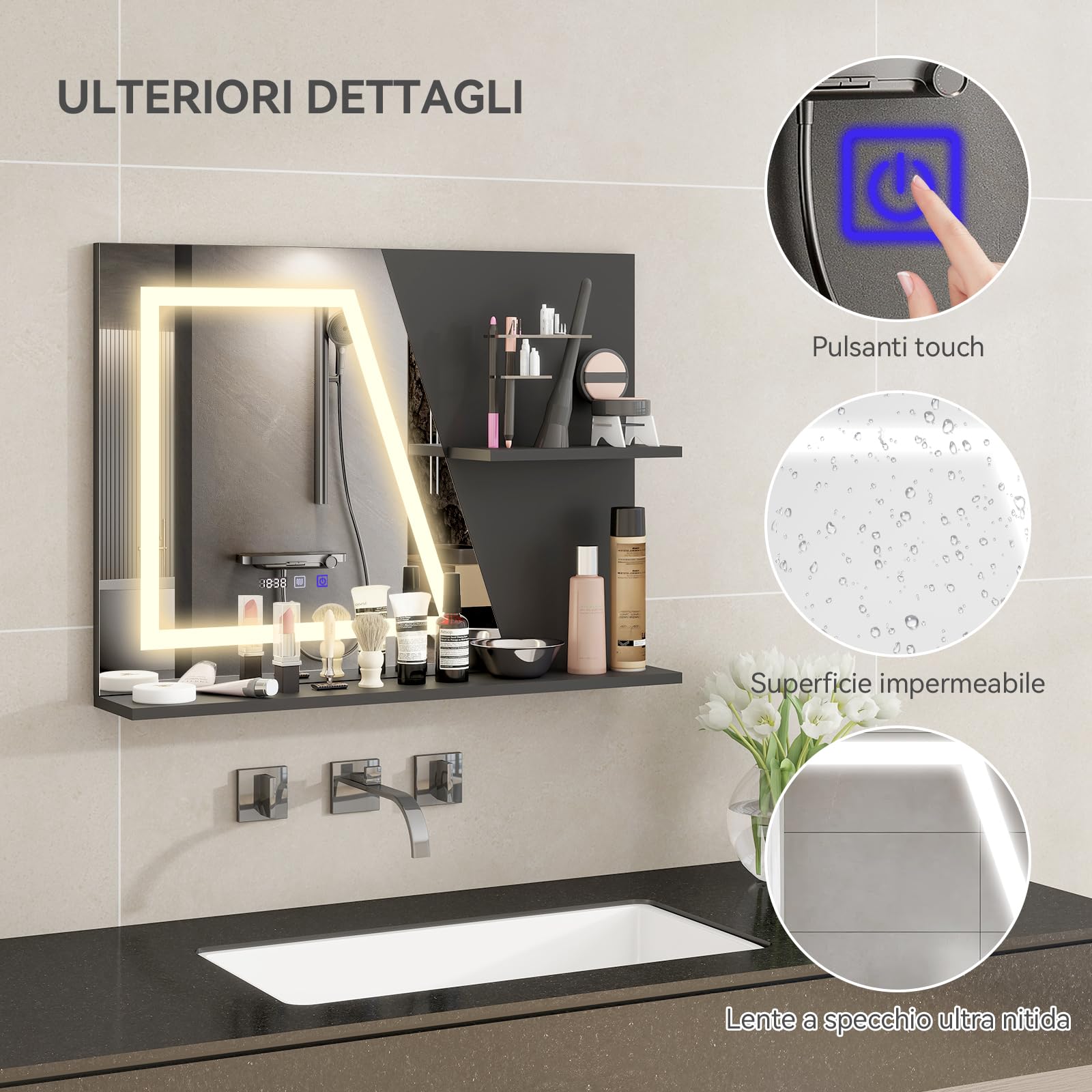 YU YUSING Specchio Bagno LED 80x60 cm con 2 Ripiani, Specchio da Parete con Led, 3 Colori, Luce Regolabili, Contro Touch, Display dell'Ora e Temperatura, Antiappannamento, IP44, Moderno, Nero