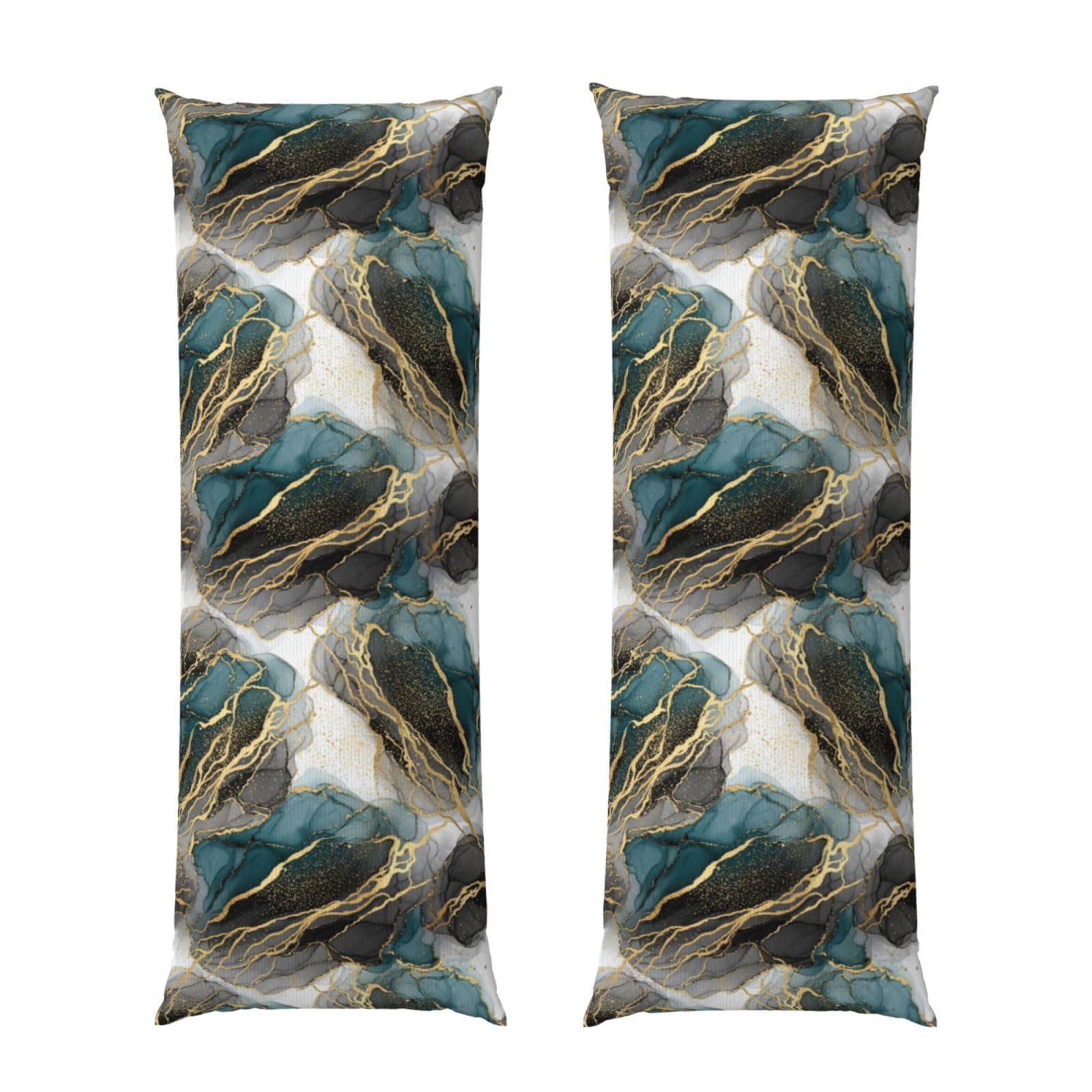 Body Pillow Cover 20x60 Teal Turquoise Green Golden Marble Art, Plush Flannel Long Pillowcase with Zipper, Soft Cozy Cushion Protector, Wrinkle Free for Bed Sofa Home