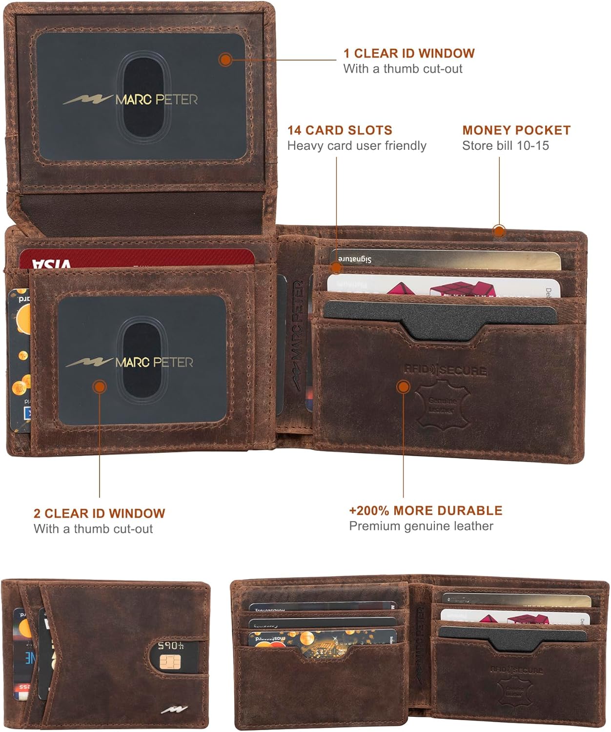 Marc Peter Wallet for Men Slim Bifold RFID Blocking with 2 ID Window up to 14 cards Minimalist Front Pocket Full Grain Leather Wallet and Gift Box Crazy Horse Brown - Image 2