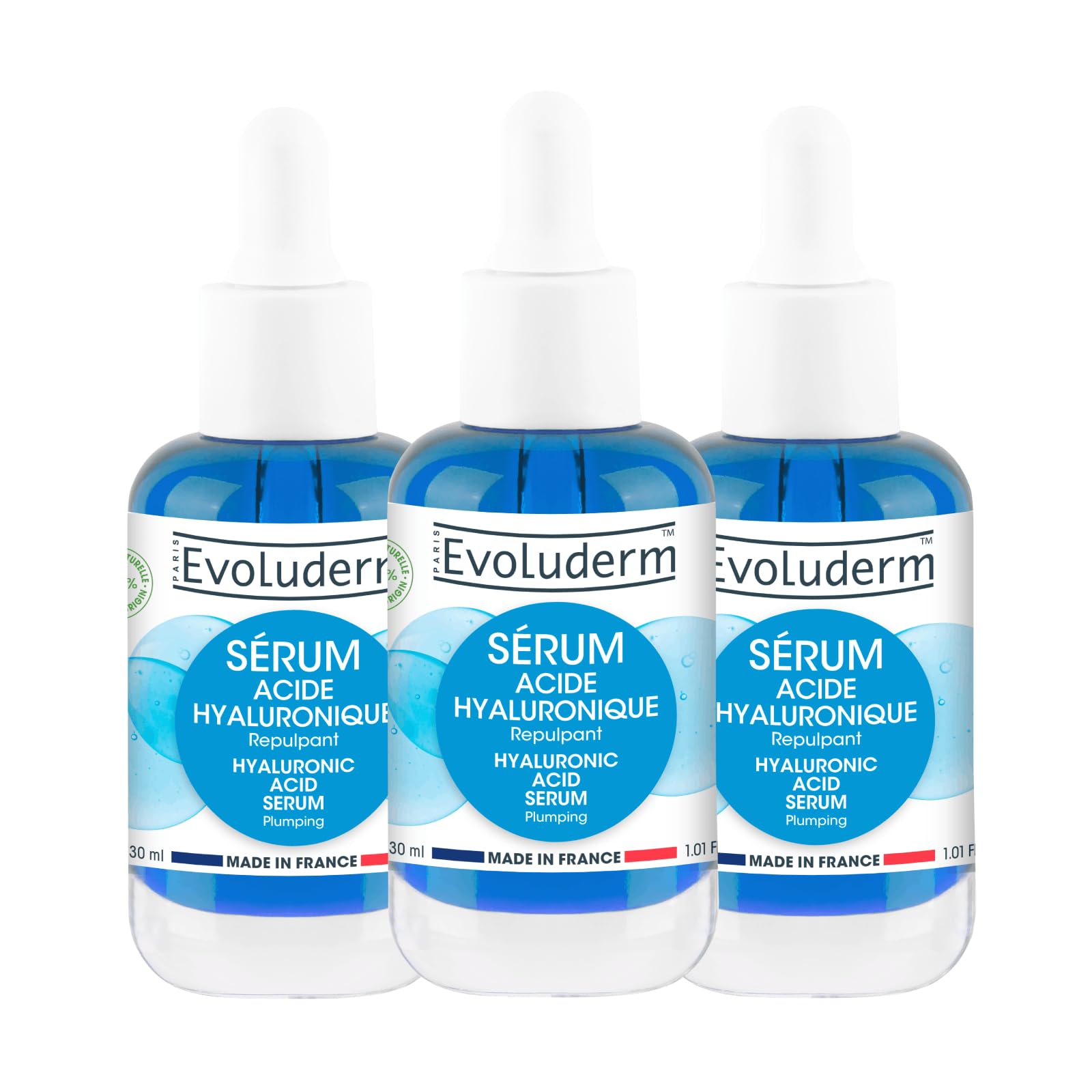 EVOLUDERM - Sérum Acide Hyaluronique - 30ml - 98% d'Ingrédients d'Origine Naturelle - Végan - Lot de 3 x 30ml