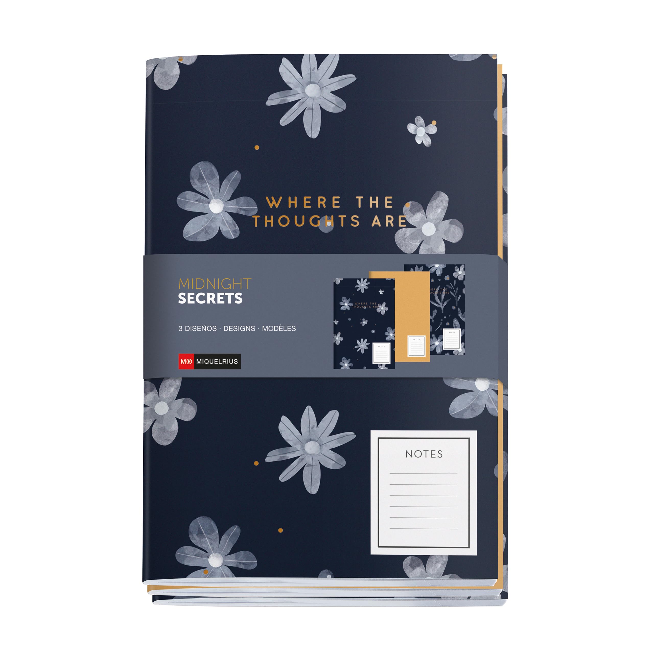 Miquelrius - A5 notebooks (142 x 210 mm), Pack 3 notebooks, white dotted interior, 32 sheets of 80 g/m² each, textured cardboard covers with stamping details, Midnight Secrets Collection