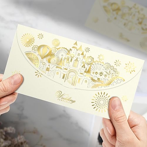 Vista 5 de Paquete de 20 sobres de dinero de boda para regalos en efectivo, sobres de papel de aluminio dorado y corte láser con diseño floral para dinero