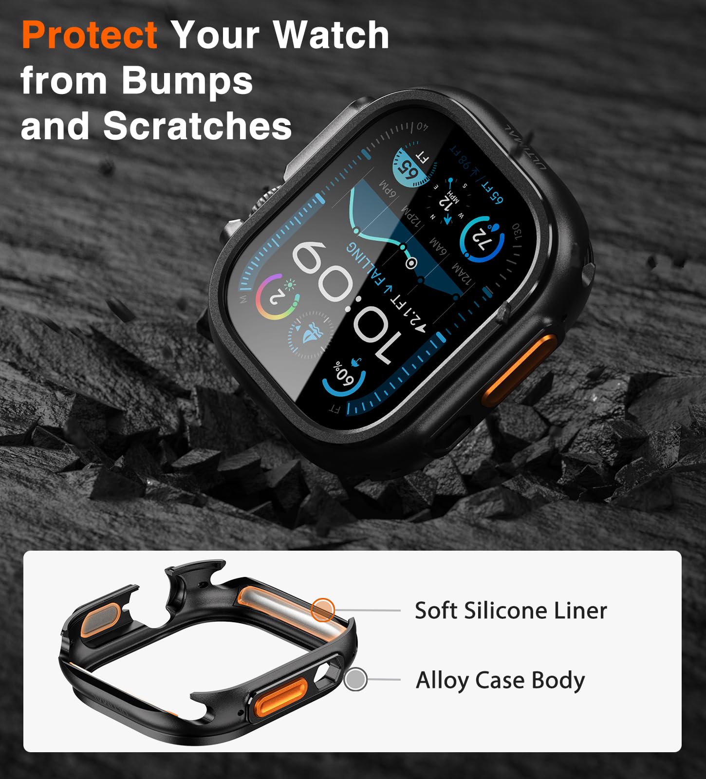 ULTIMAL Coque de montre compatible avec Apple Watch Ultra 3/Ultra 2/Ultra, coque de protection antichoc de qualité militaire améliorée, compatible avec iWatch 49 mm (noir, 49 mm)