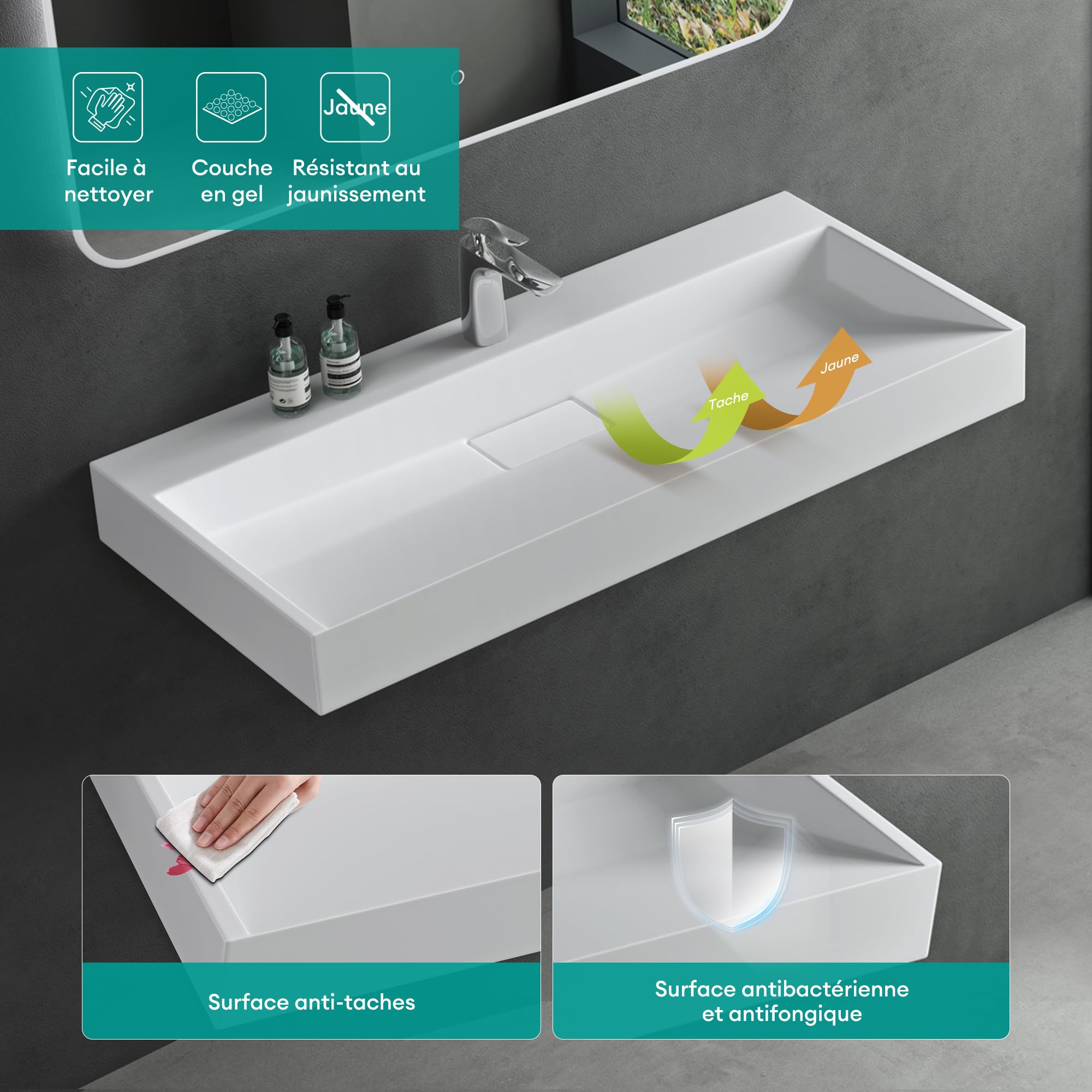 Mai & Mai Lavabo Suspendu Blanc Mat 80x46x11cm Vasque à Poser Rectangulaire avec Perçage pour Robinet avec Bonde et Cache Bonde Col19