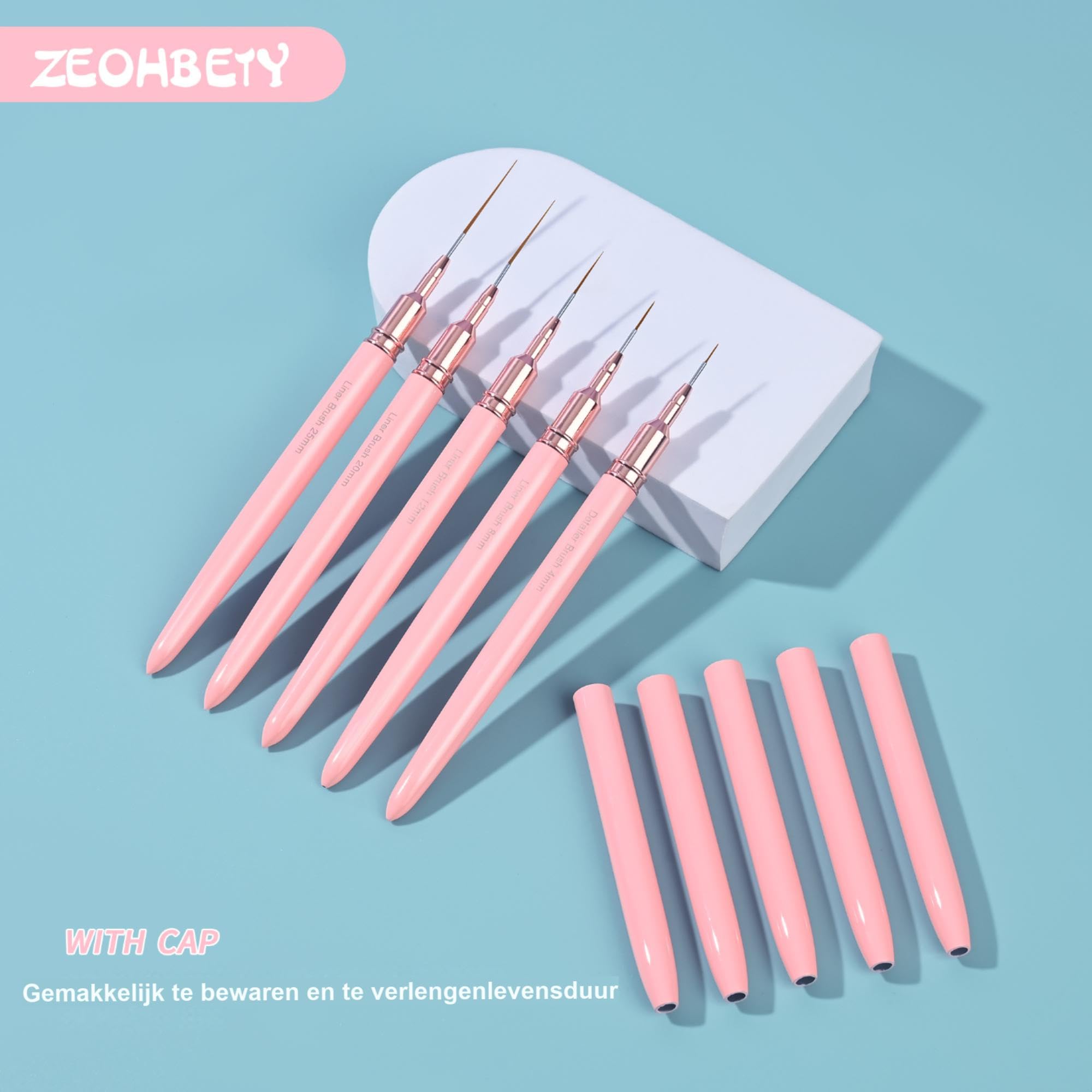 Pennelli per nail art, 5 pennelli per nail art, set di pennelli per disegnare e punteggiare le unghie, per linee lunghe, dettagli sottili, dimensioni 4/8/12/20/27 mm，rosa