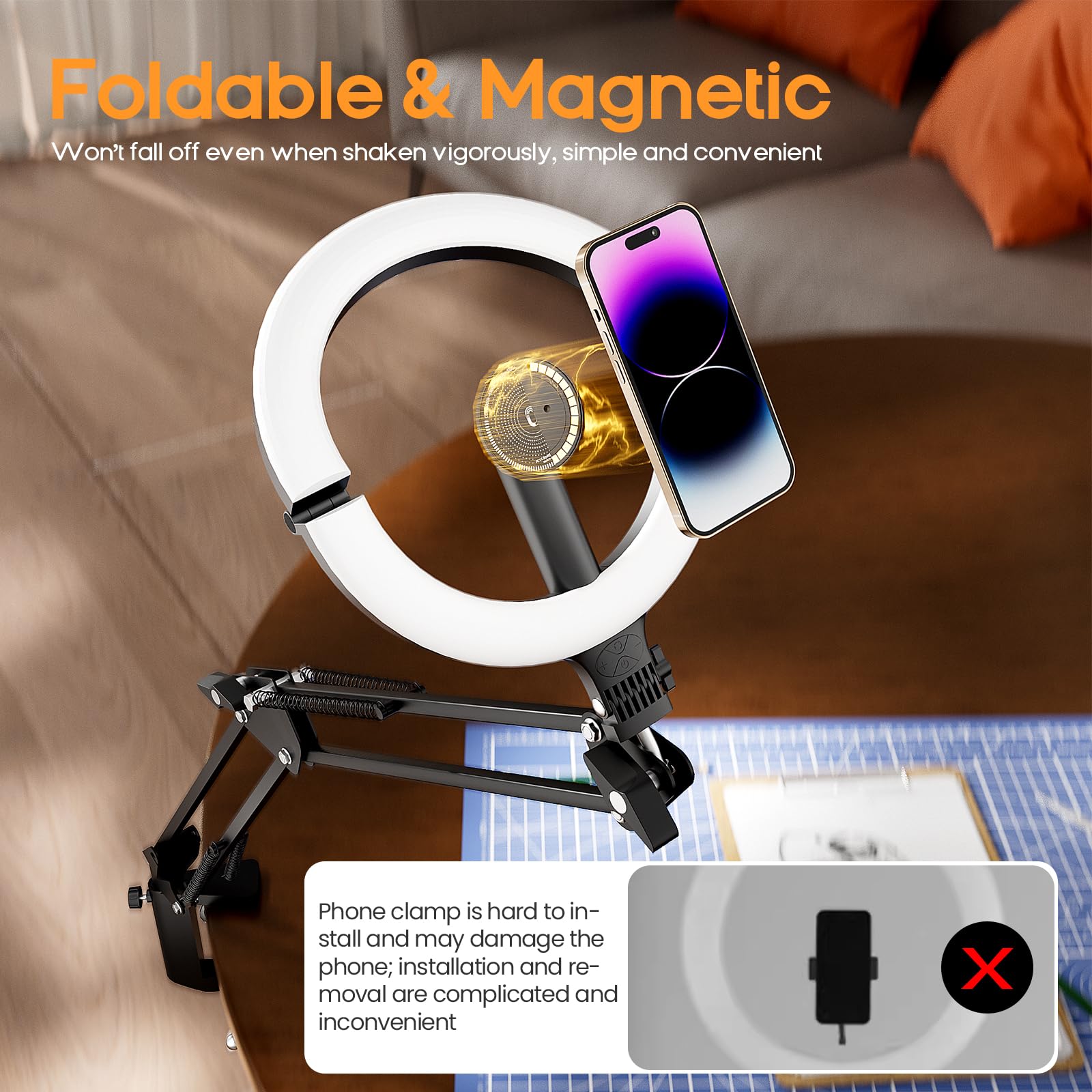 XINBAOHONG - Luce magnetica ad anello da 25,4 cm, supporto per fotocamera e telefono, luce LED per selfie XINBAOHONG con supporto e supporto per telefono, luce da scrivania ricaricabile per