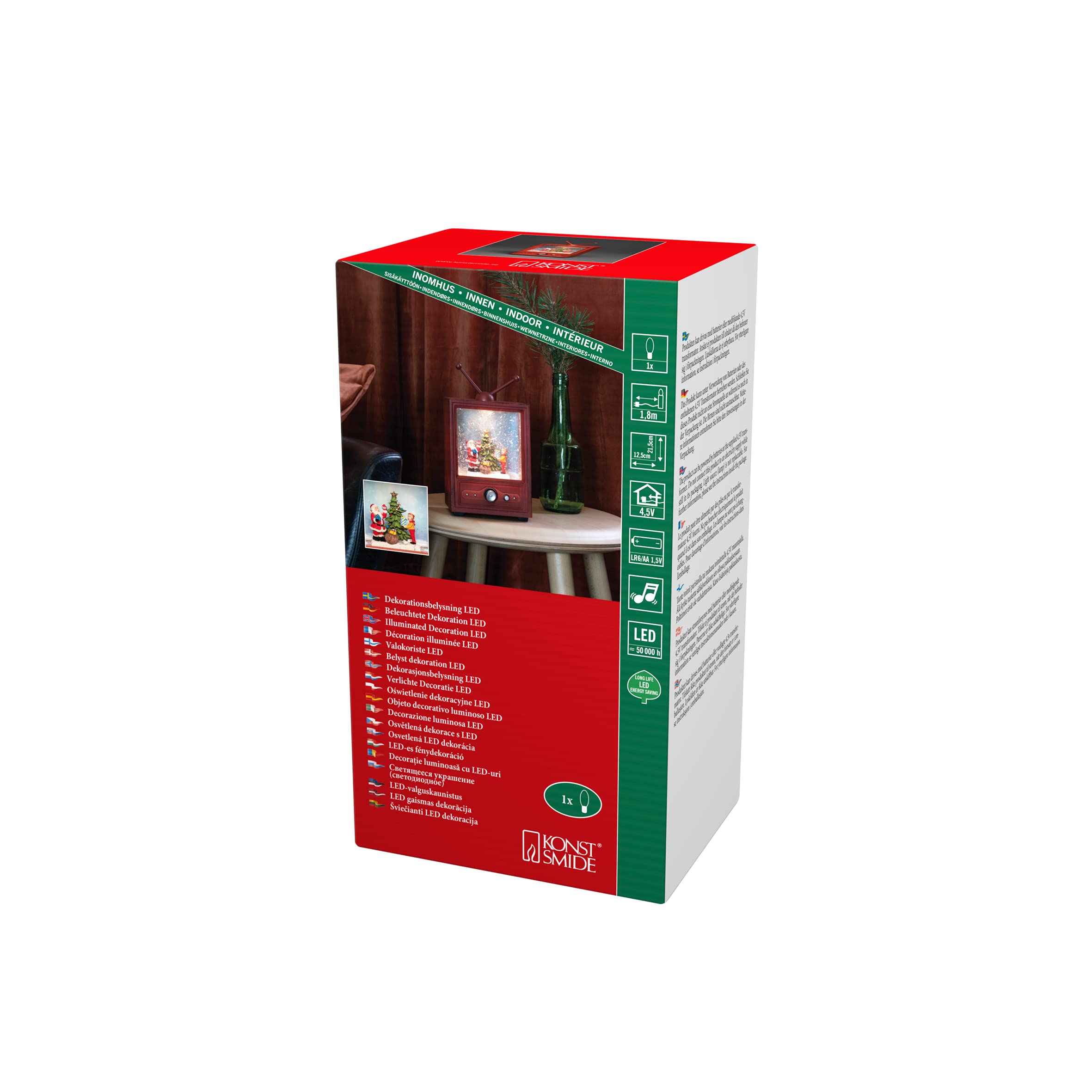 Konstsmide LED Fernseher mit Weihnachtsmann und Kind, wassergefüllt, wählbare Energiefunktion, 8 klassischen Weihnachtsliedern, 1 warm weiße Diode, 4.5V Innentrafo/batteriebetrieben, Innen - 4372-000