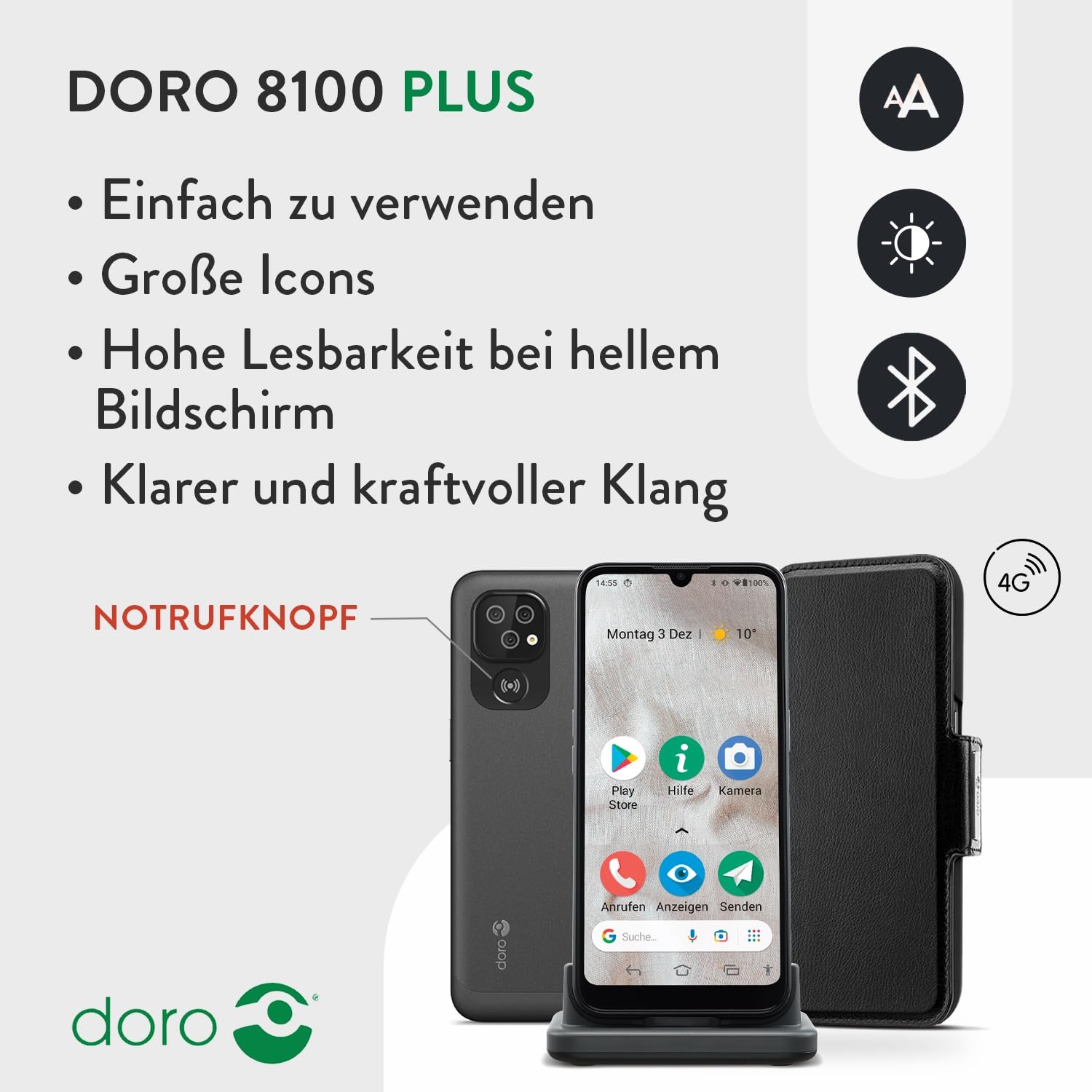 Doro 8100 Plus 4G Smartphone für Senioren - Entsperrt - Wasserdicht - mit Triple-Kamera - 6,1" Bildschirm - GPS - Gesichtserkennung - Ladestation und Hülle (Schwarz)